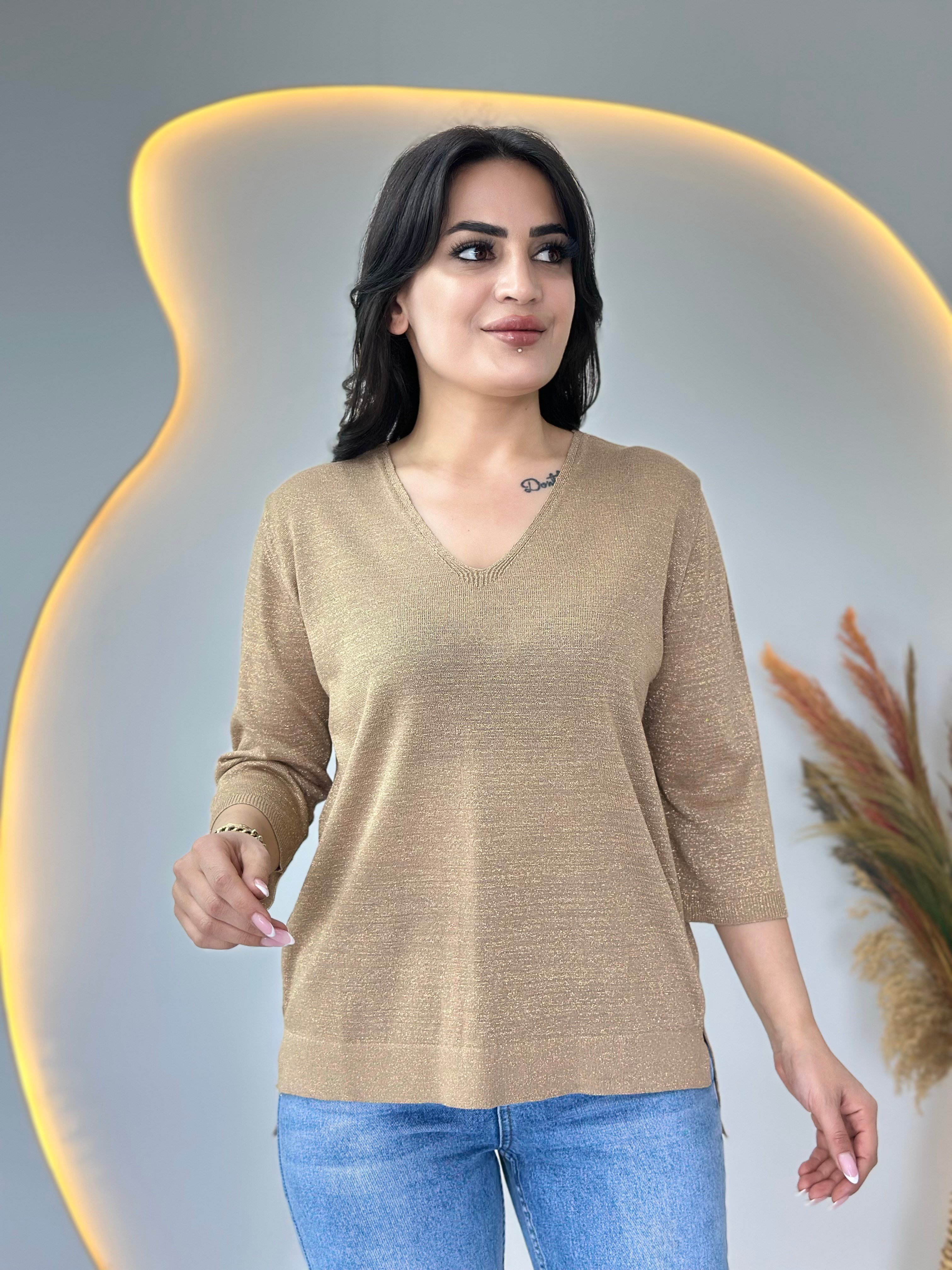 Suzy Camel V Yaka Sim İşlemeli Merserize Bluz D116