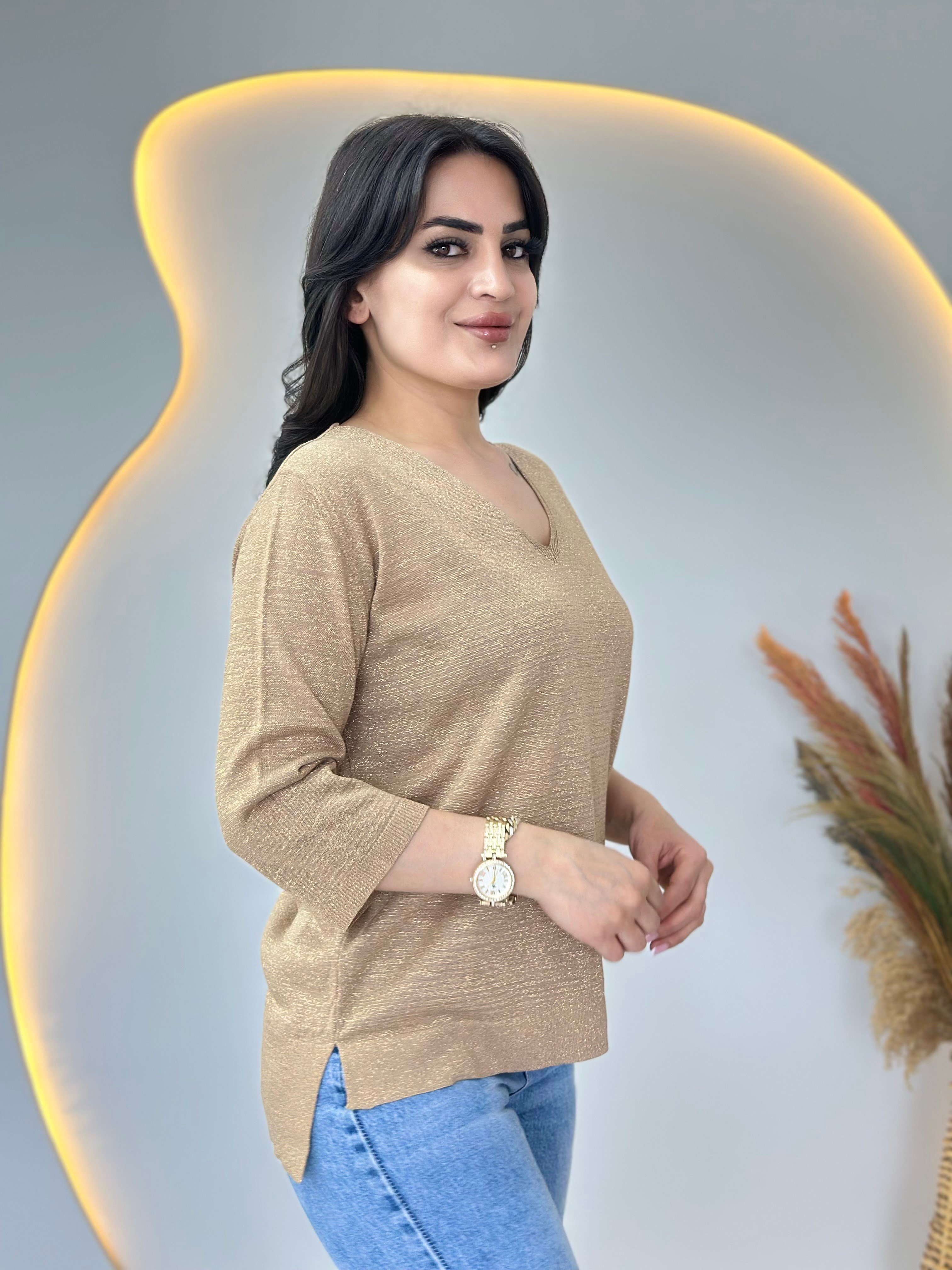 Suzy Camel V Yaka Sim İşlemeli Merserize Bluz D116