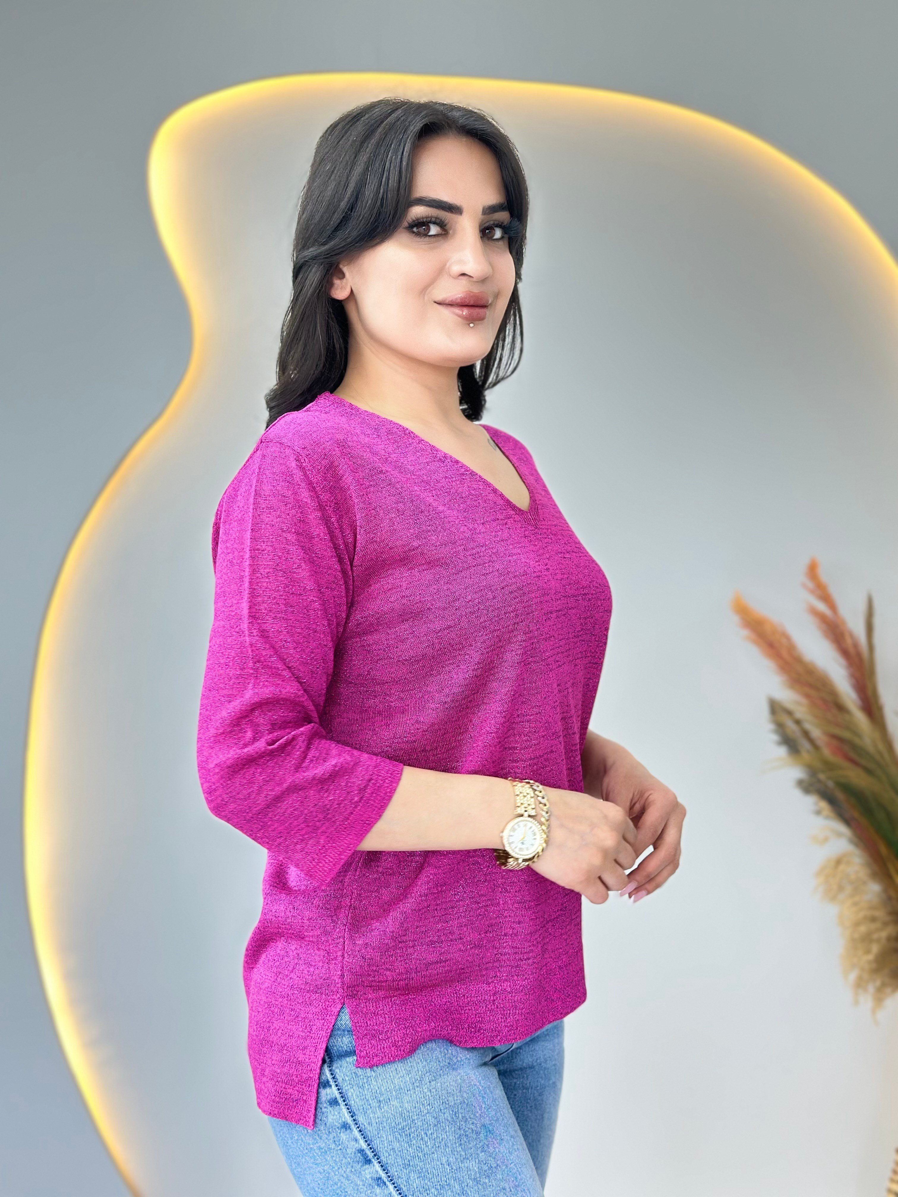 Suzy Fuşya V Yaka Sim İşlemeli Merserize Bluz D116