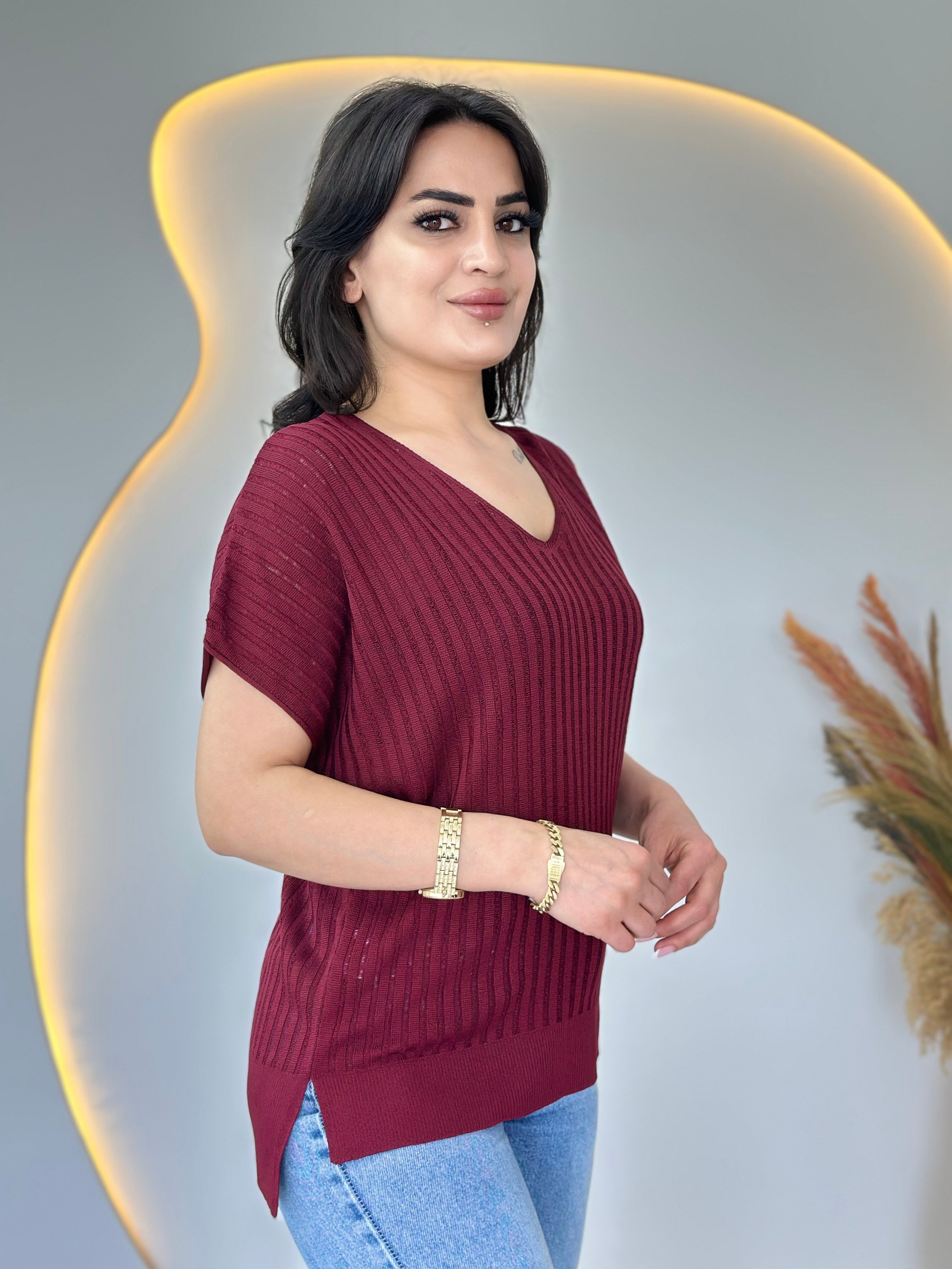 Tista Bordo V Yaka Düşük Omuz Fileli Merserize Bluz D114