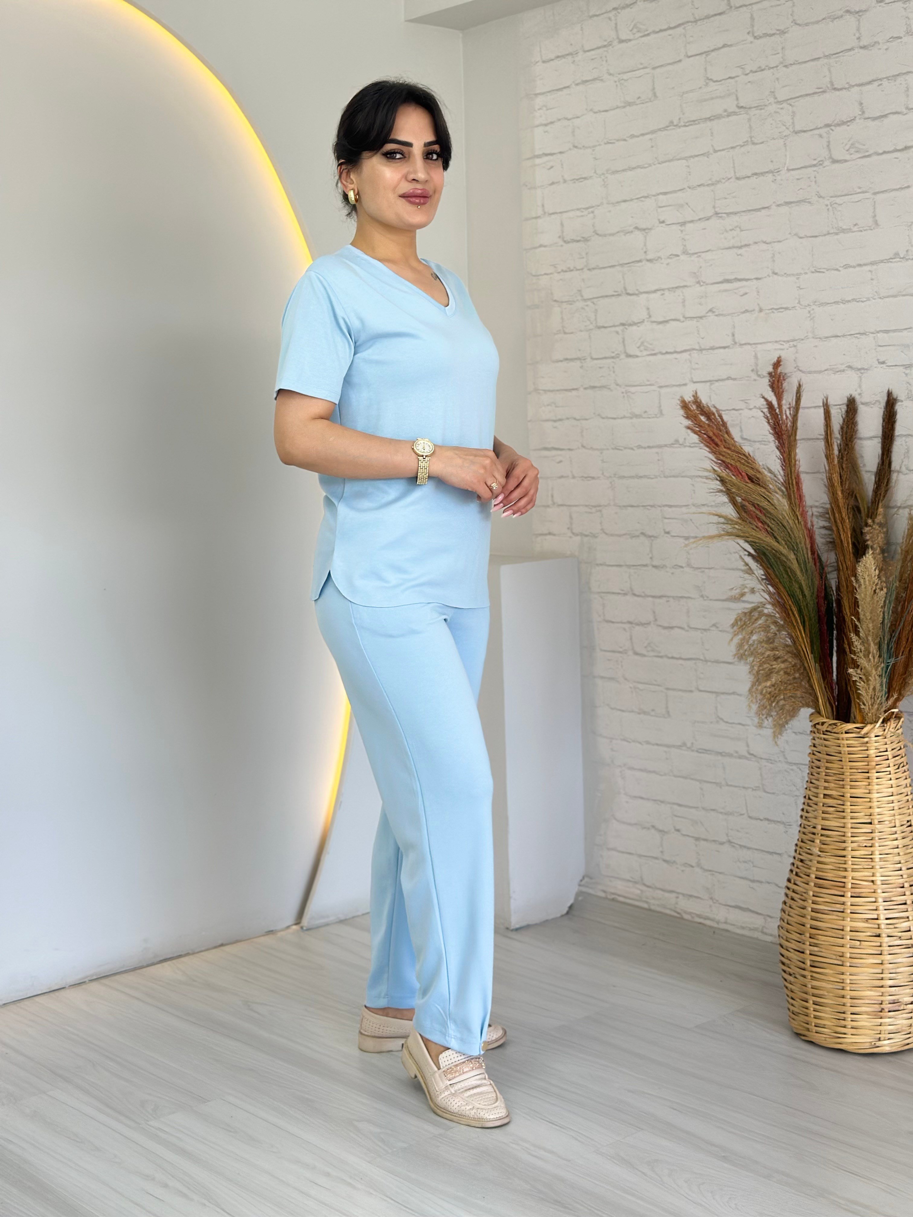 Tofi Bebe Mavi V Yaka İpek Modal Kumaş Kolu Paçası Çıtçıtlı Takım D133