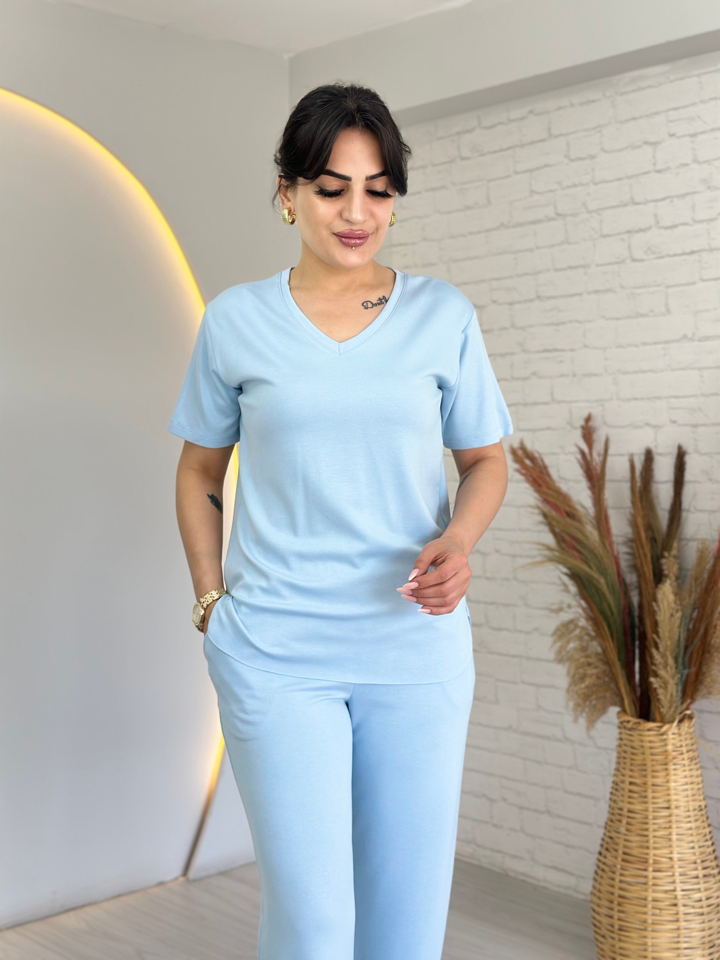 Tofi Bebe Mavi V Yaka İpek Modal Kumaş Kolu Paçası Çıtçıtlı Takım D133
