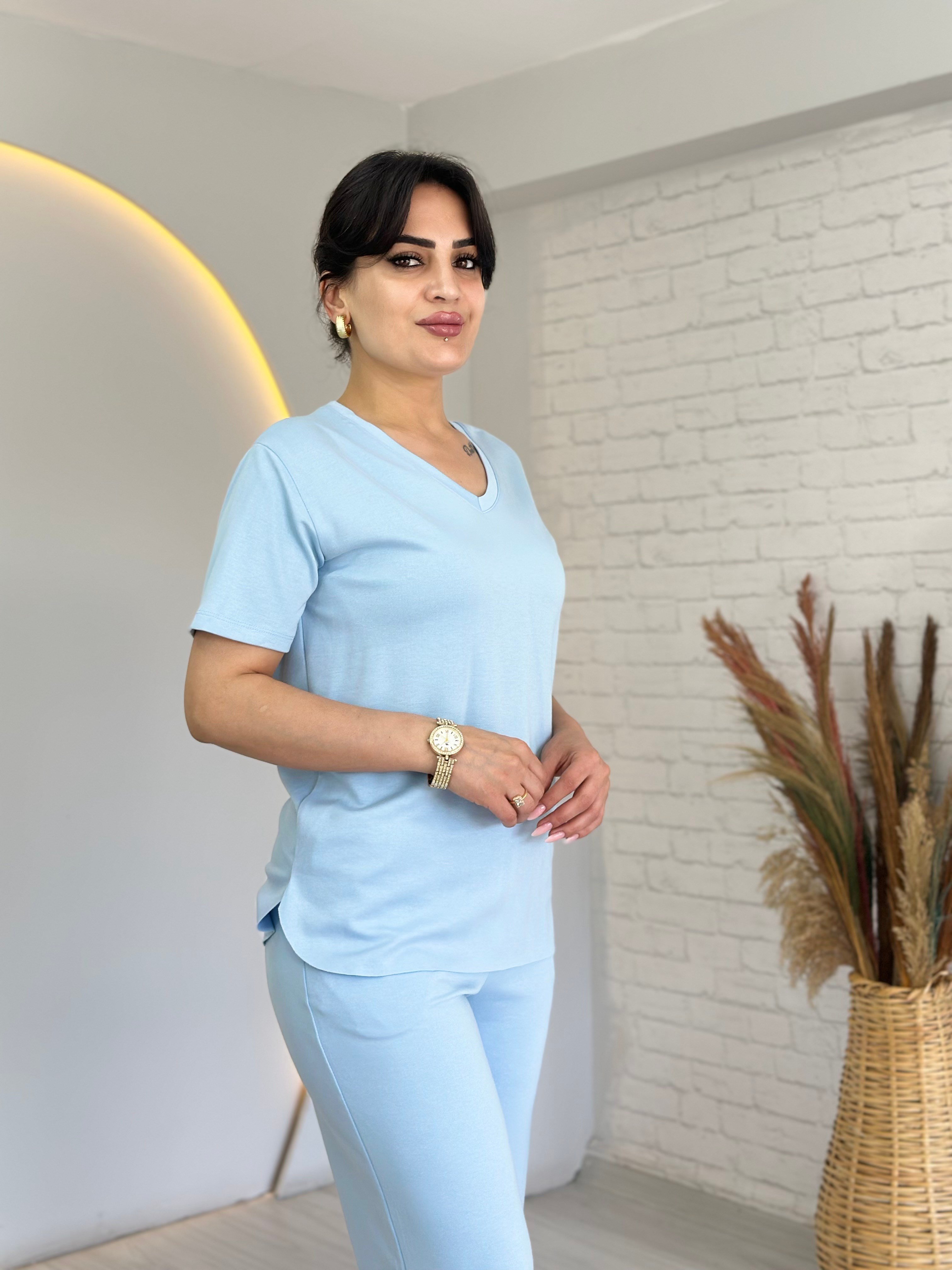 Tofi Bebe Mavi V Yaka İpek Modal Kumaş Kolu Paçası Çıtçıtlı Takım D133