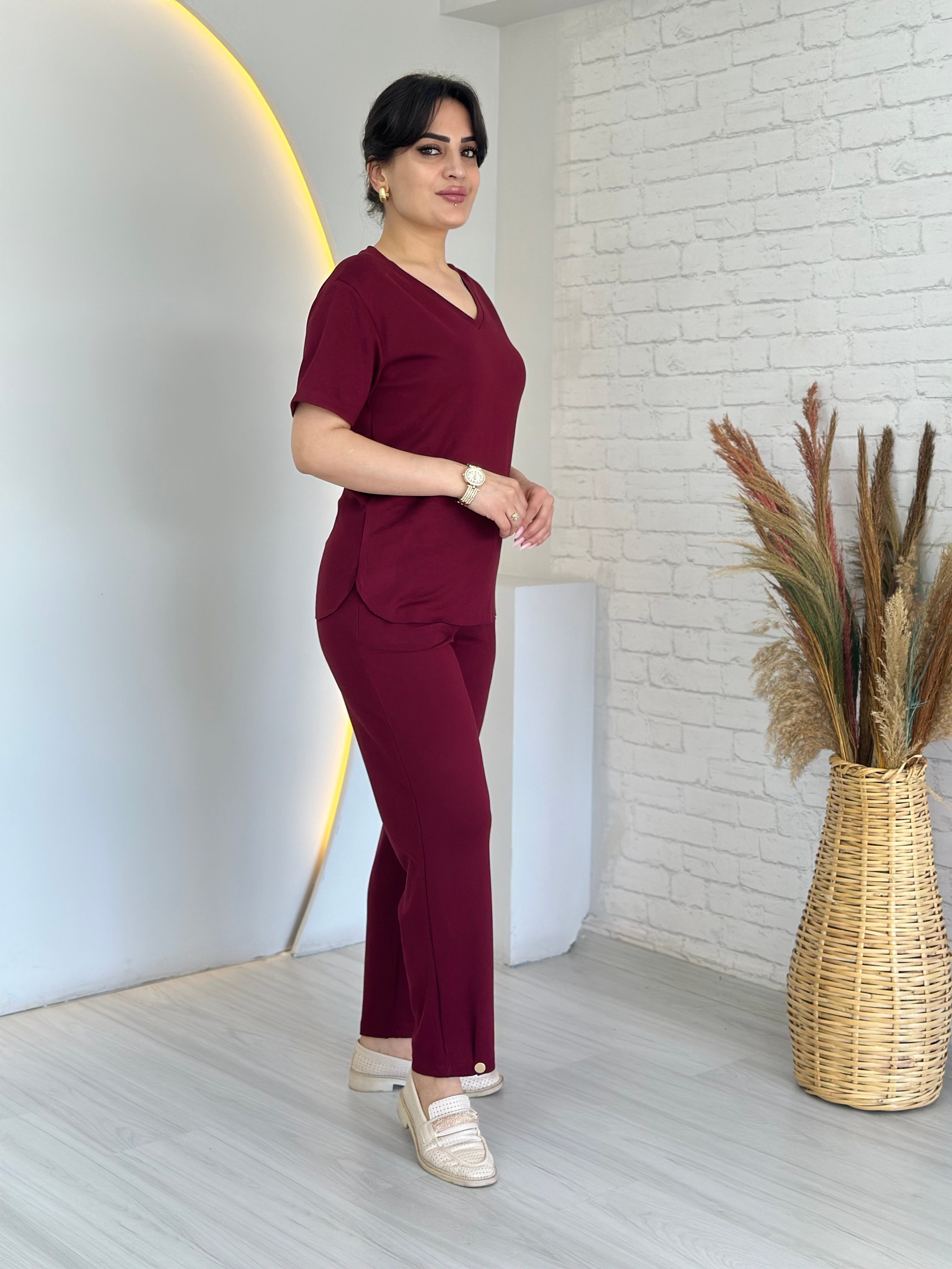 Tofi Bordo V Yaka İpek Modal Kumaş Kolu Paçası Çıtçıtlı Takım D133