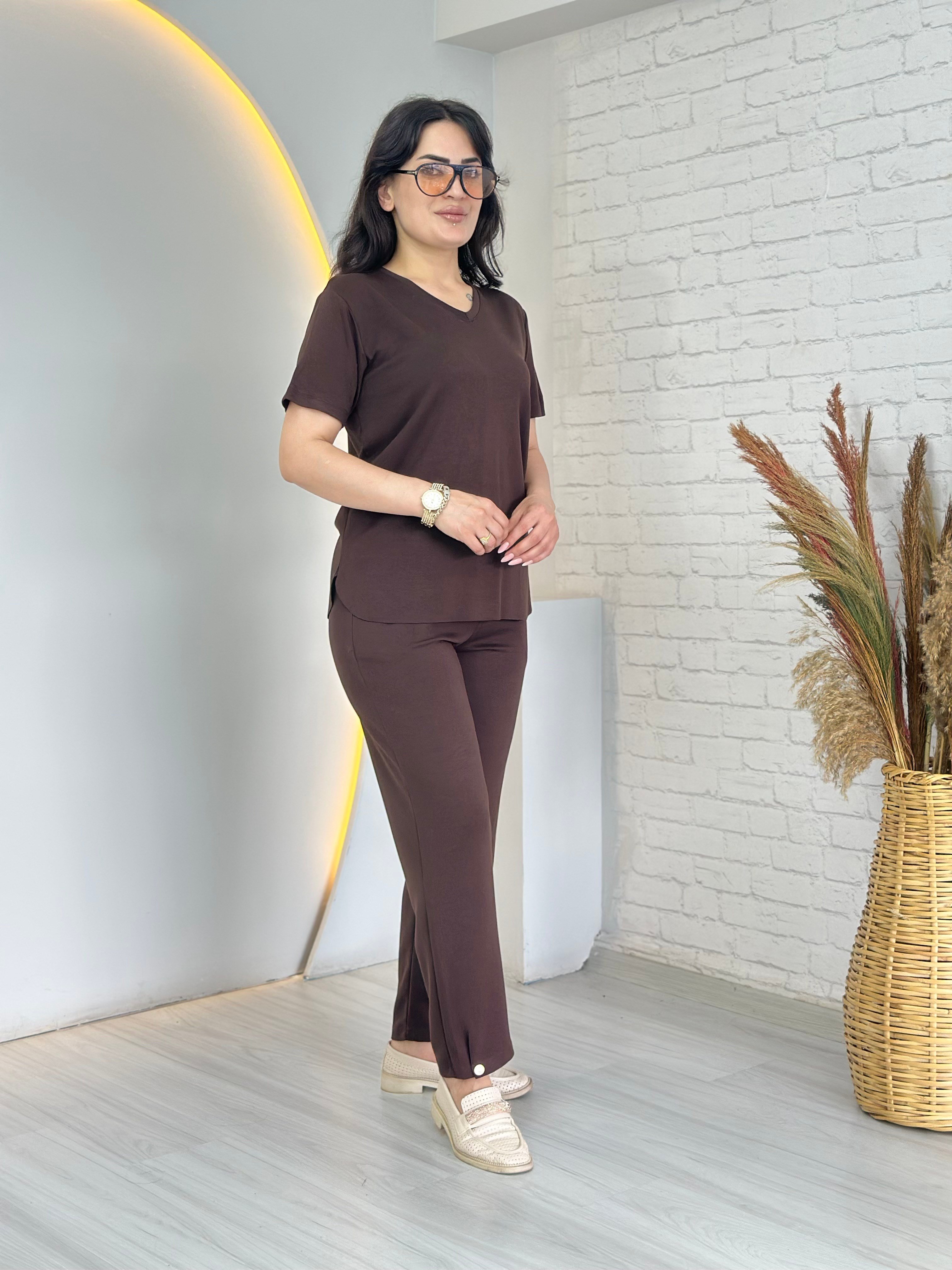 Tofi Kahve V Yaka İpek Modal Kumaş Kolu Paçası Çıtçıtlı Takım D133