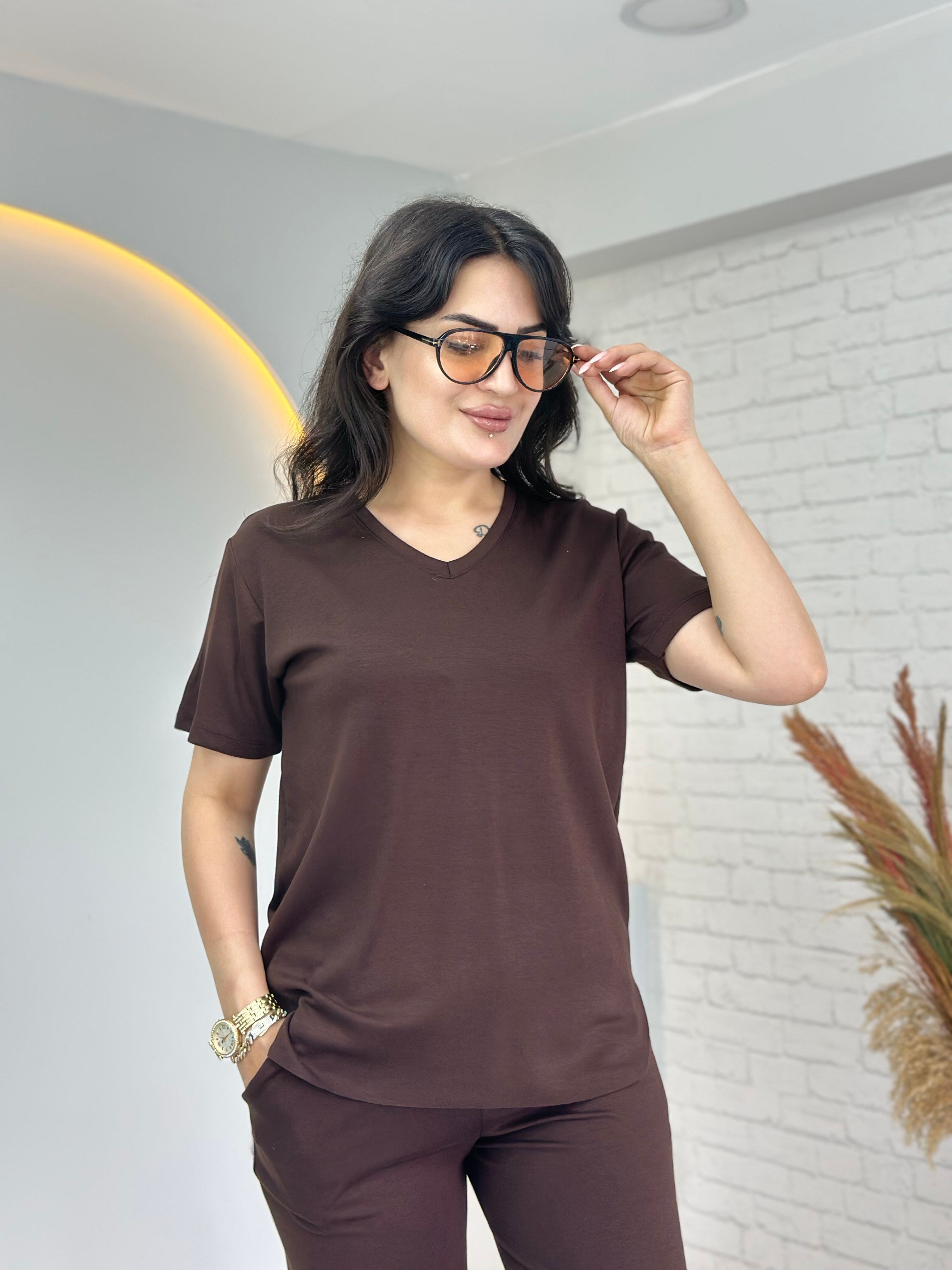 Tofi Kahve V Yaka İpek Modal Kumaş Kolu Paçası Çıtçıtlı Takım D133