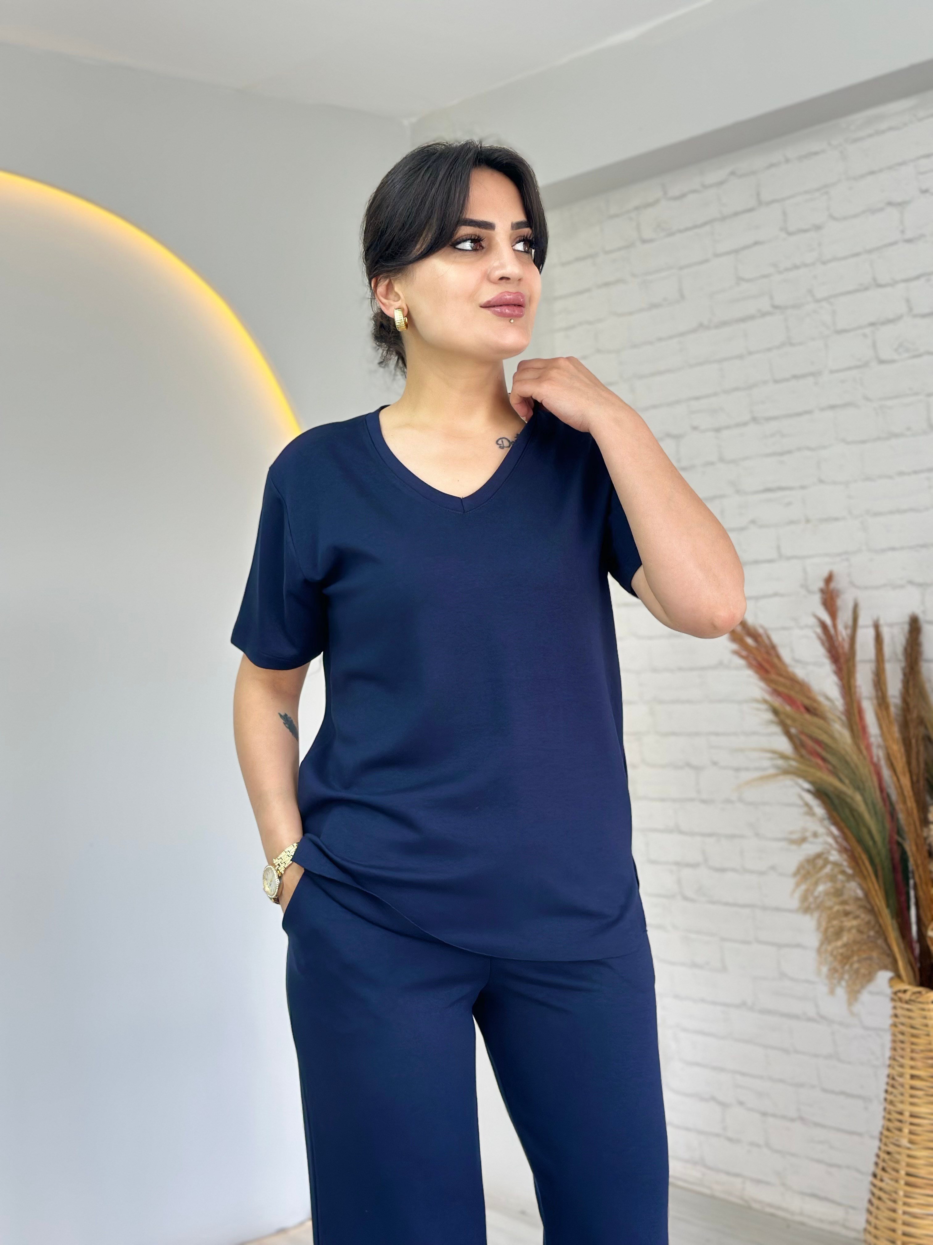 Tofi Lacivert V Yaka İpek Modal Kumaş Kolu Paçası Çıtçıtlı Takım D133