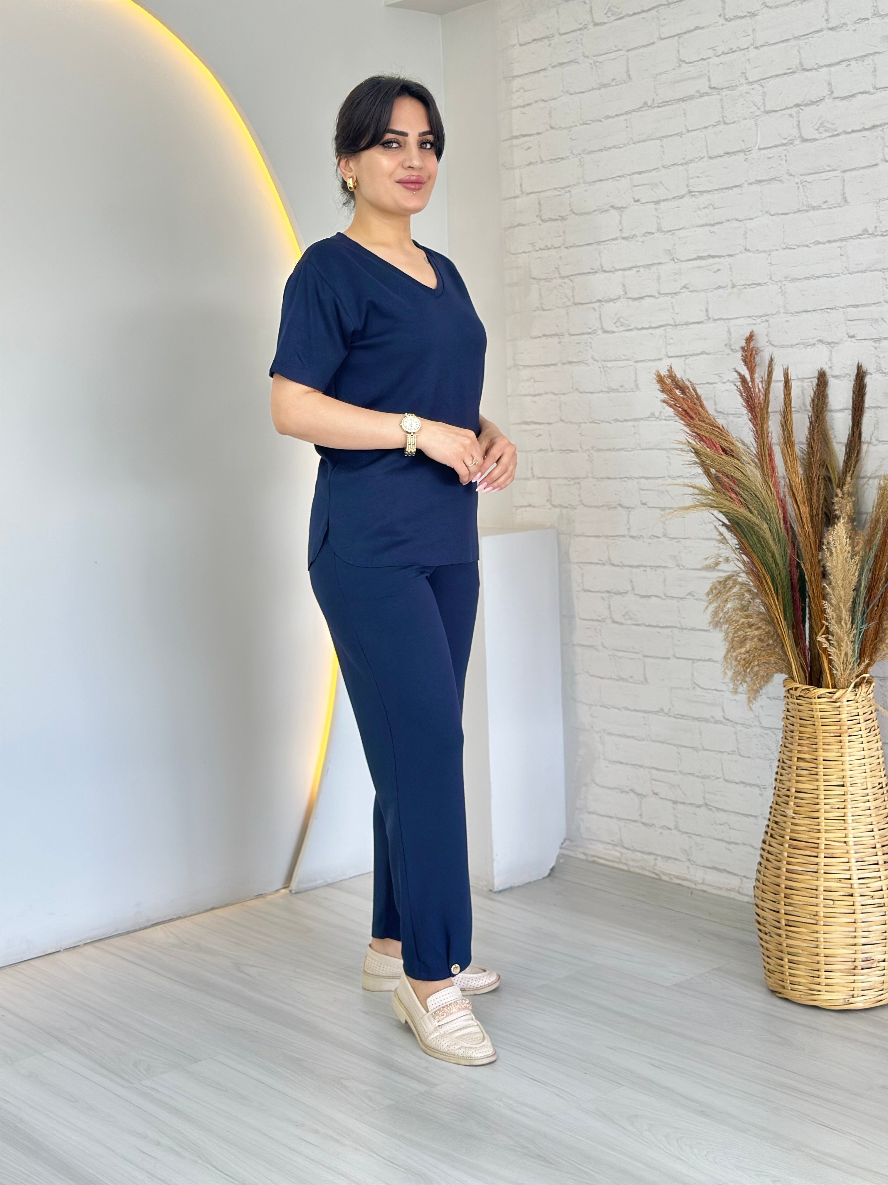 Tofi Lacivert V Yaka İpek Modal Kumaş Kolu Paçası Çıtçıtlı Takım D133