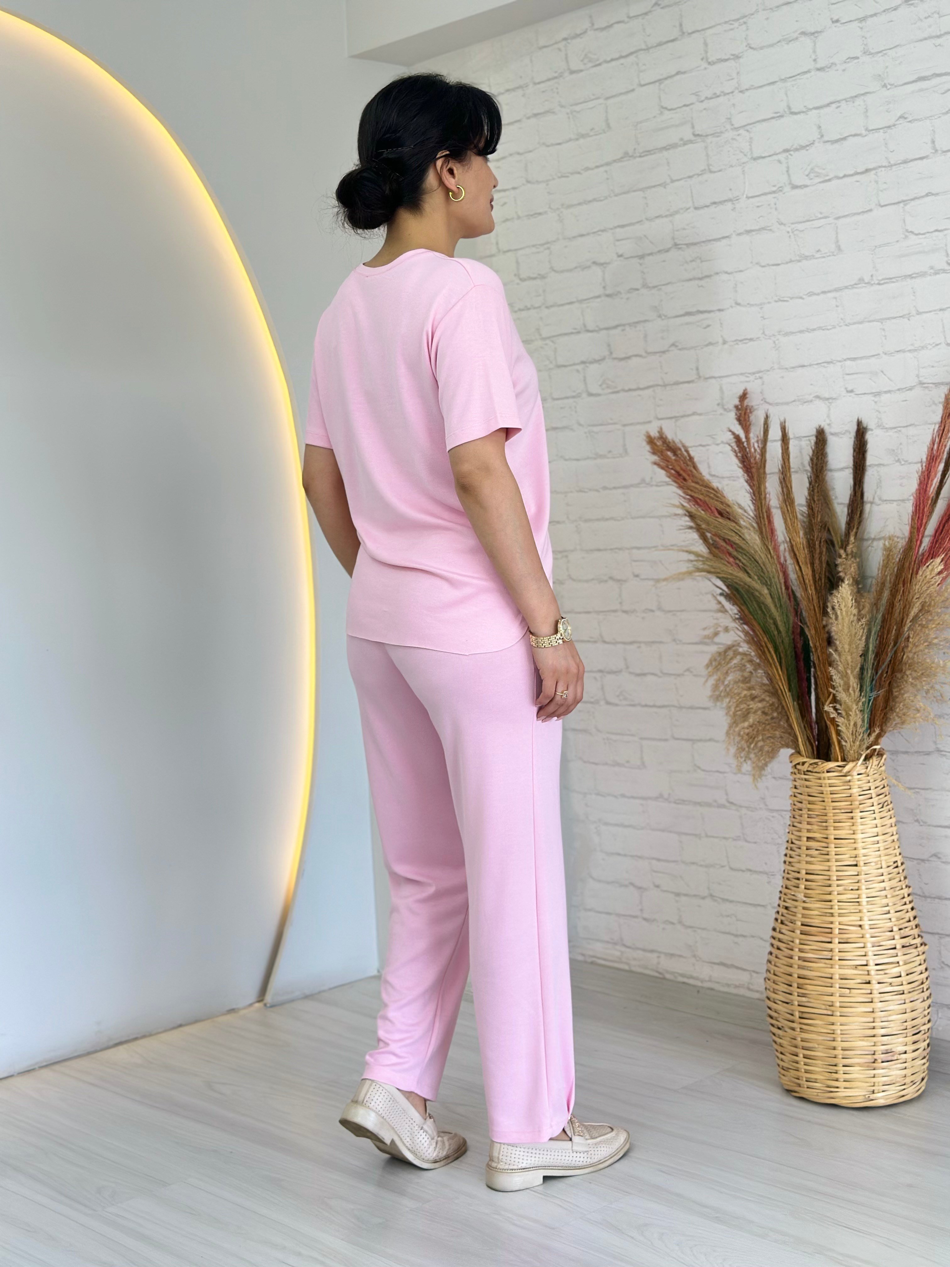 Tofi Pembe V Yaka İpek Modal Kumaş Kolu Paçası Çıtçıtlı Takım D133
