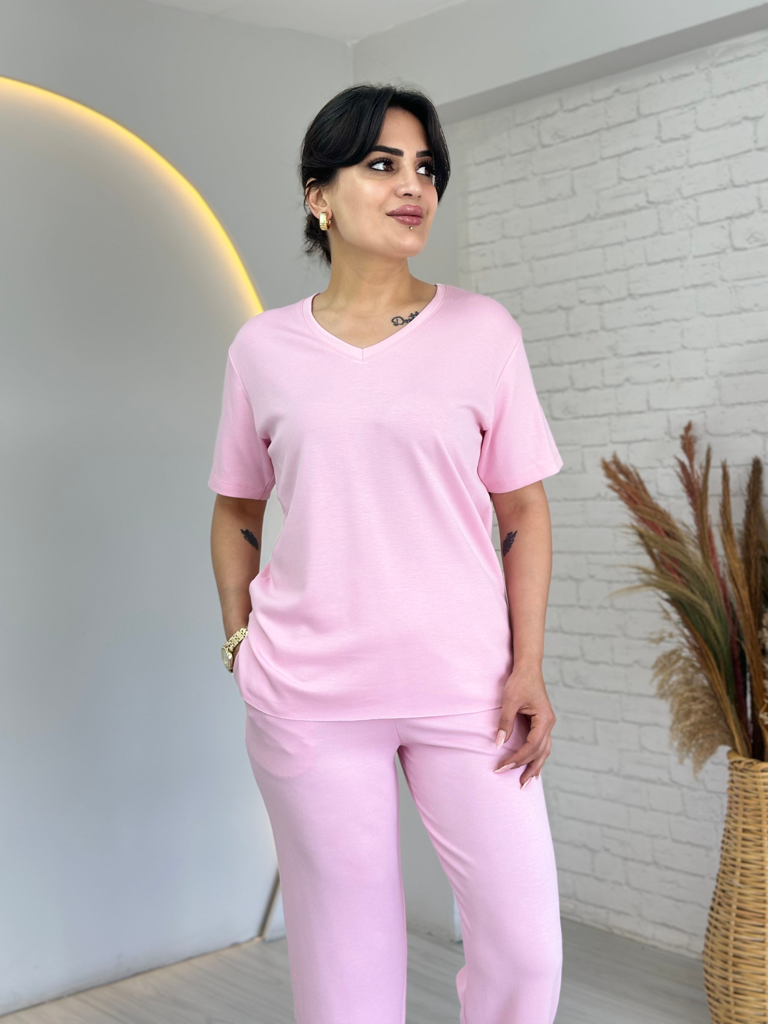 Tofi Pembe V Yaka İpek Modal Kumaş Kolu Paçası Çıtçıtlı Takım D133