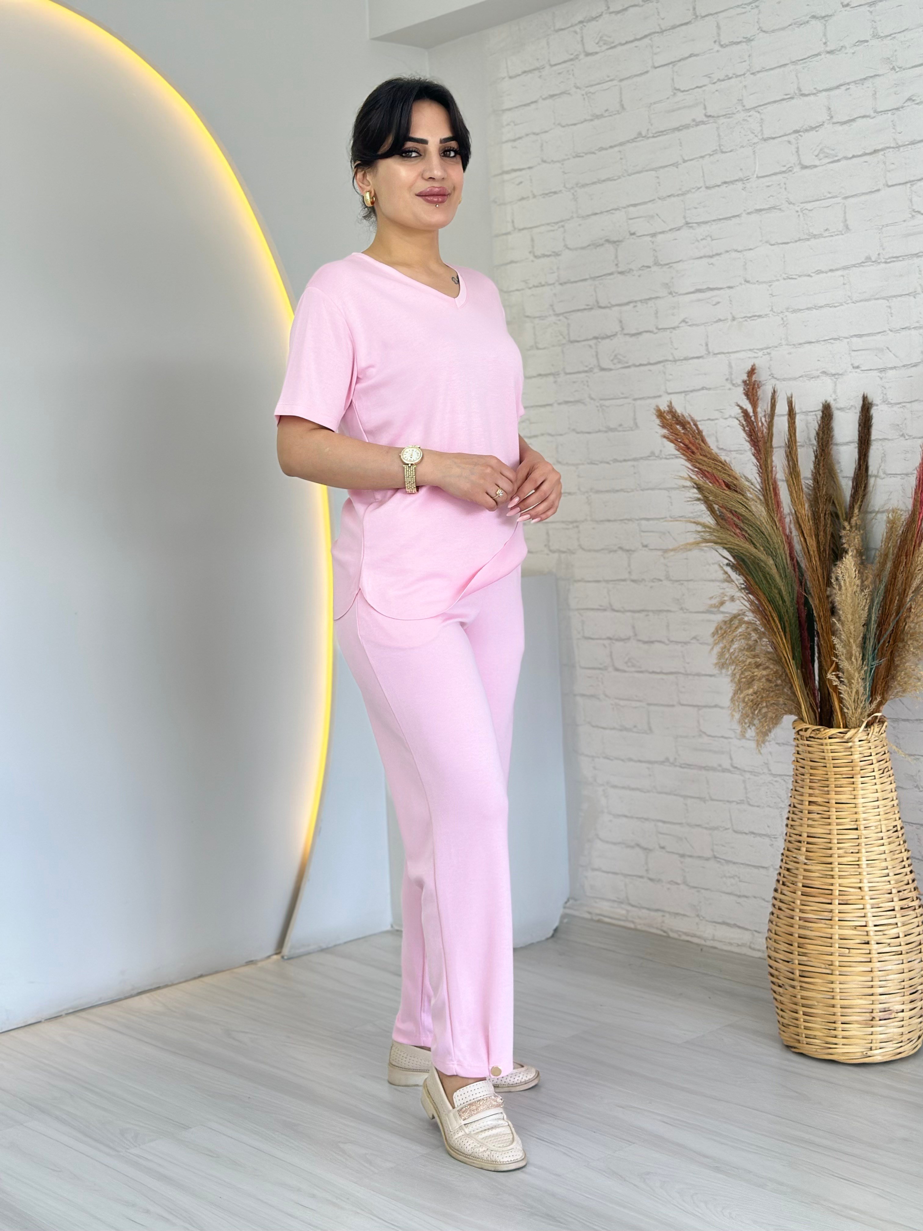 Tofi Pembe V Yaka İpek Modal Kumaş Kolu Paçası Çıtçıtlı Takım D133