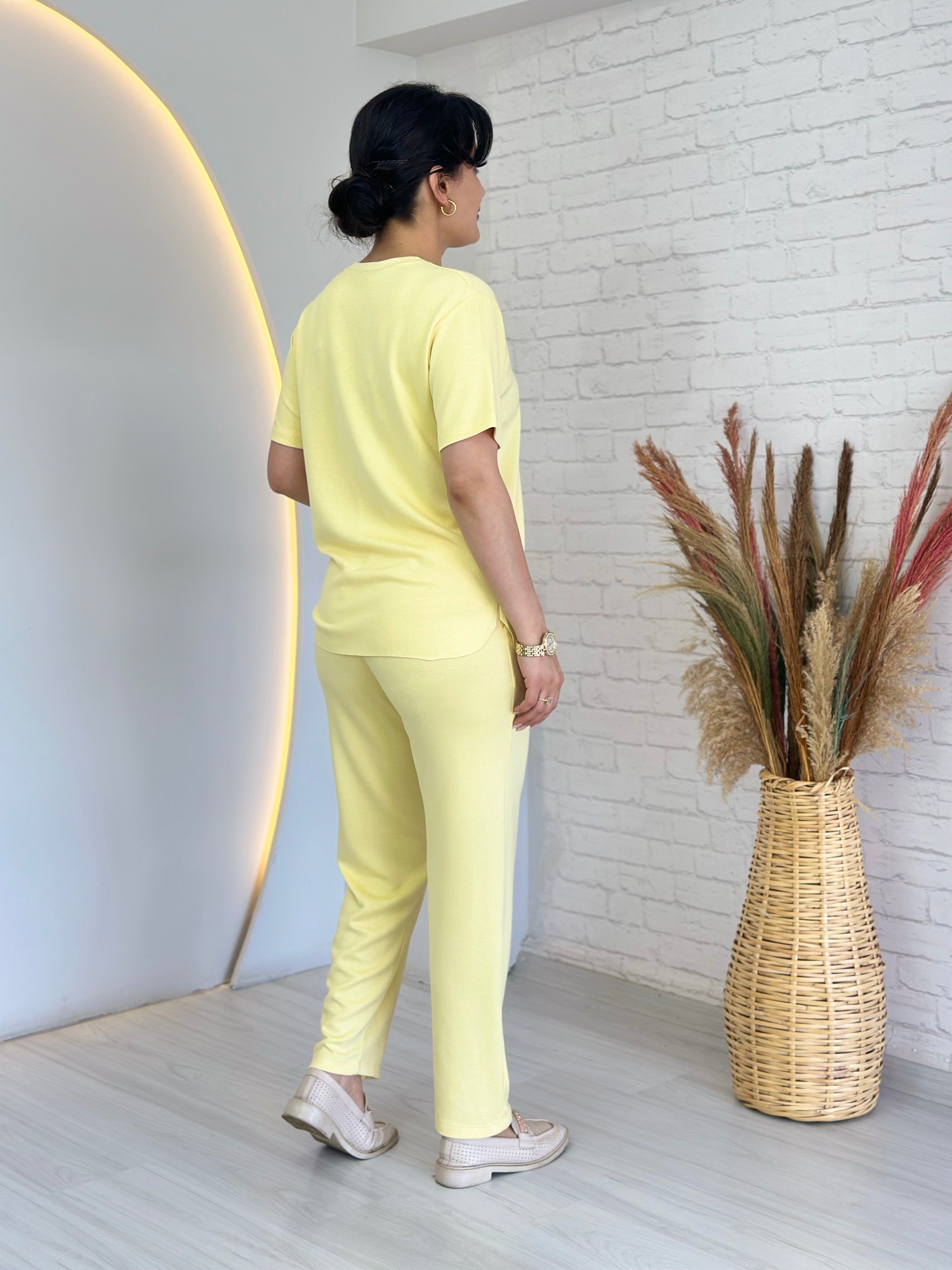 Tofi Sarı V Yaka İpek Modal Kumaş Kolu Paçası Çıtçıtlı Takım D133
