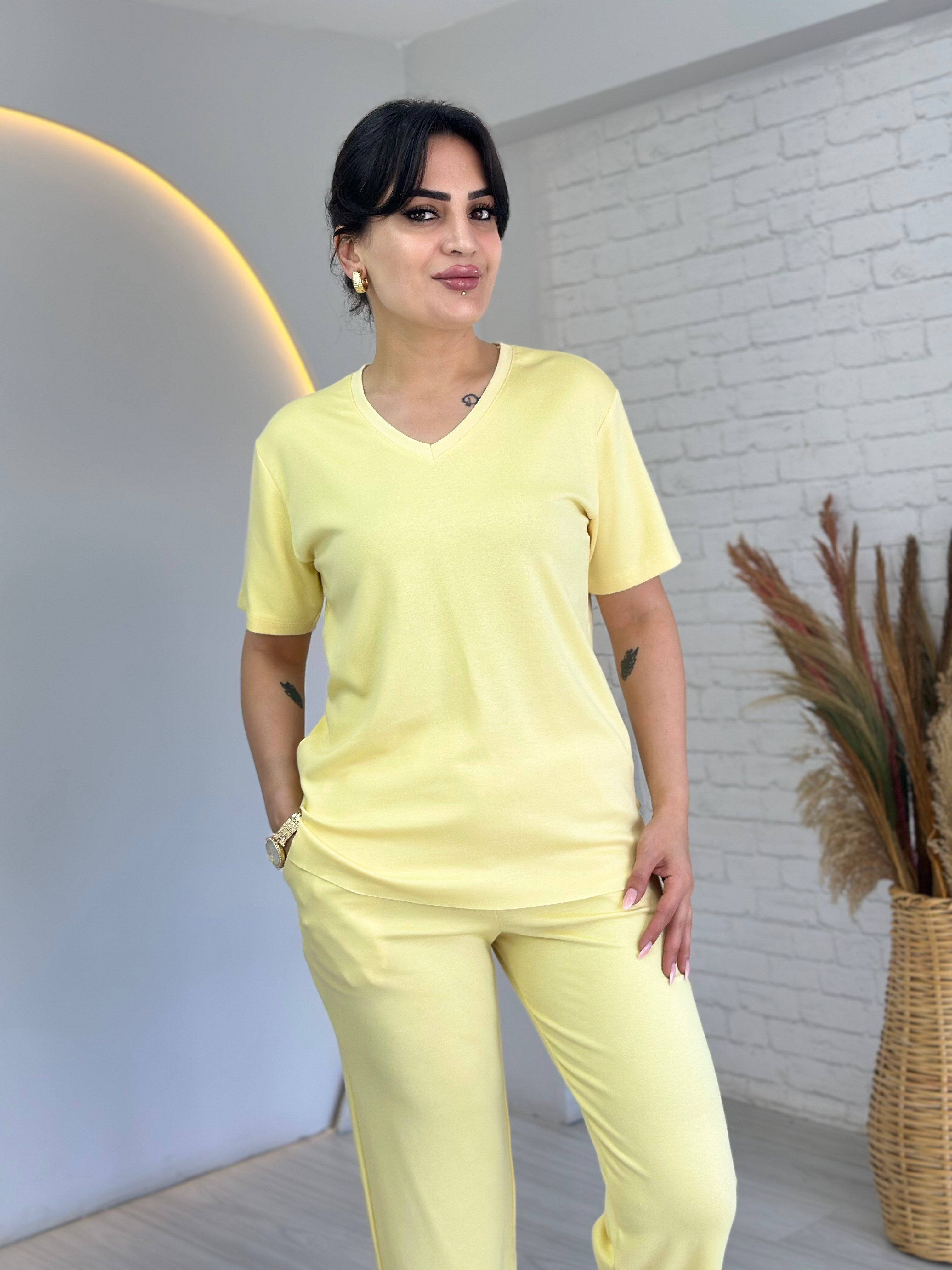 Tofi Sarı V Yaka İpek Modal Kumaş Kolu Paçası Çıtçıtlı Takım D133