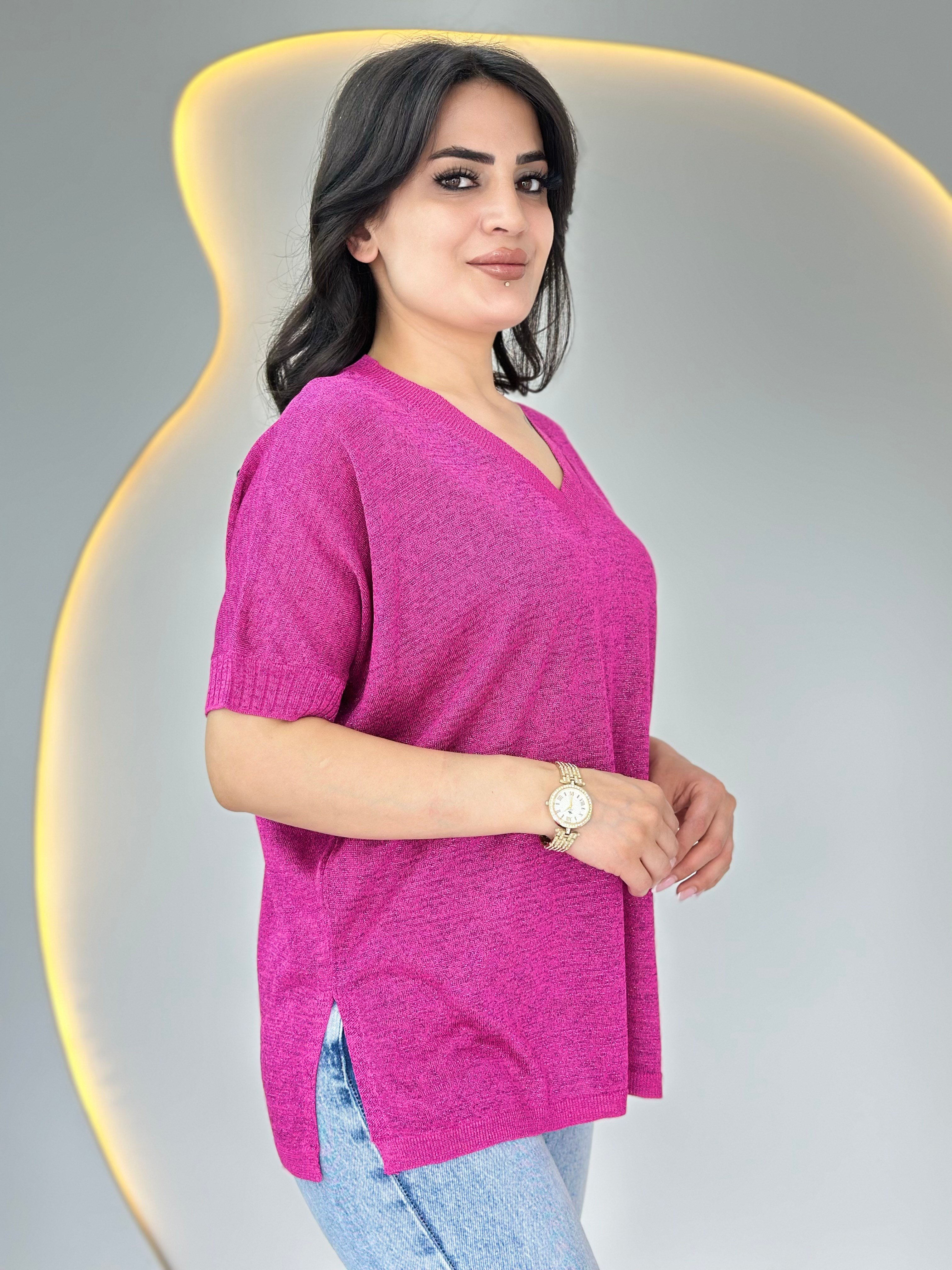 Tommy Fuşya V Yaka Ve Kol Detaylı Sim İşlemeli Yırtmaçlı Bluz D132