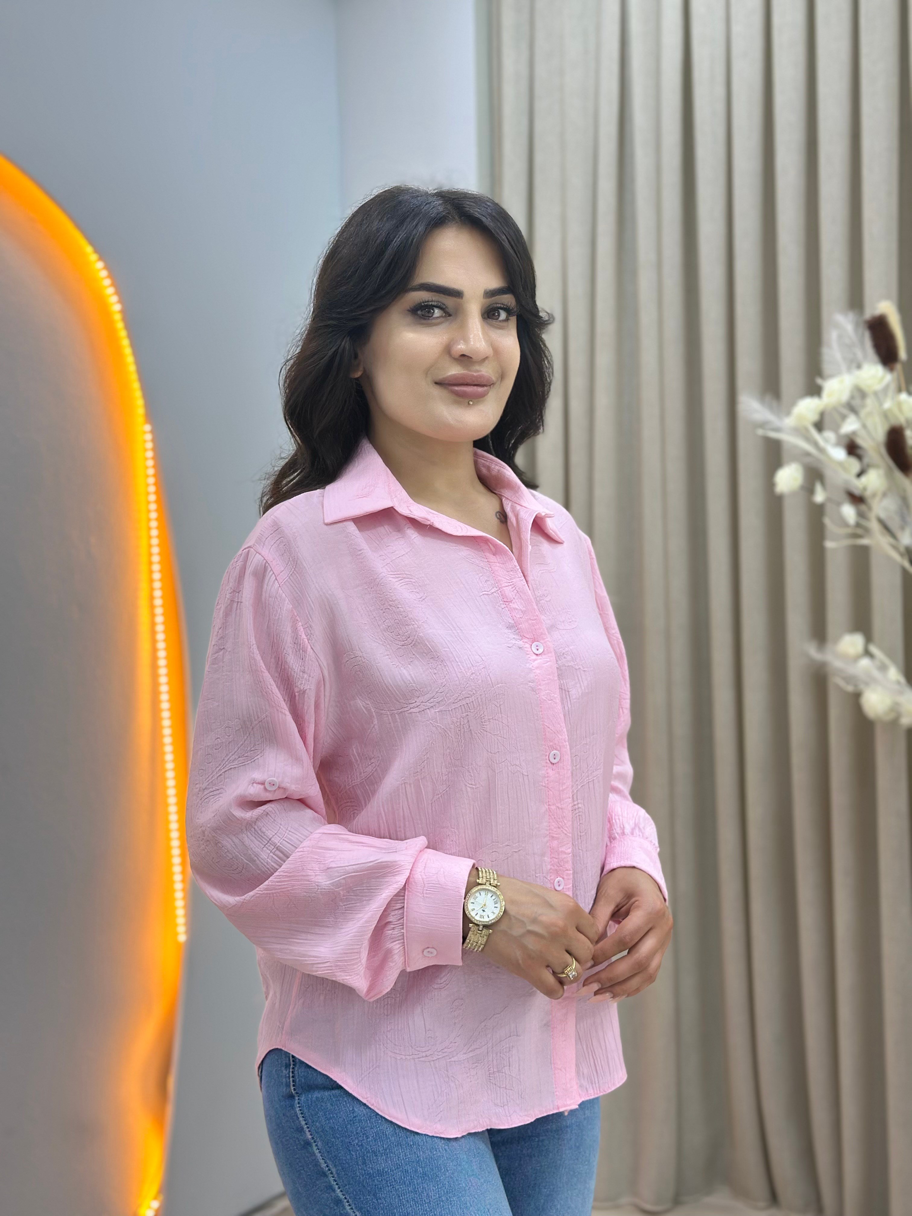 Tuge Pembe Kendinden Desenli Düğmeli Oversize Pamuklu Gömlek D171