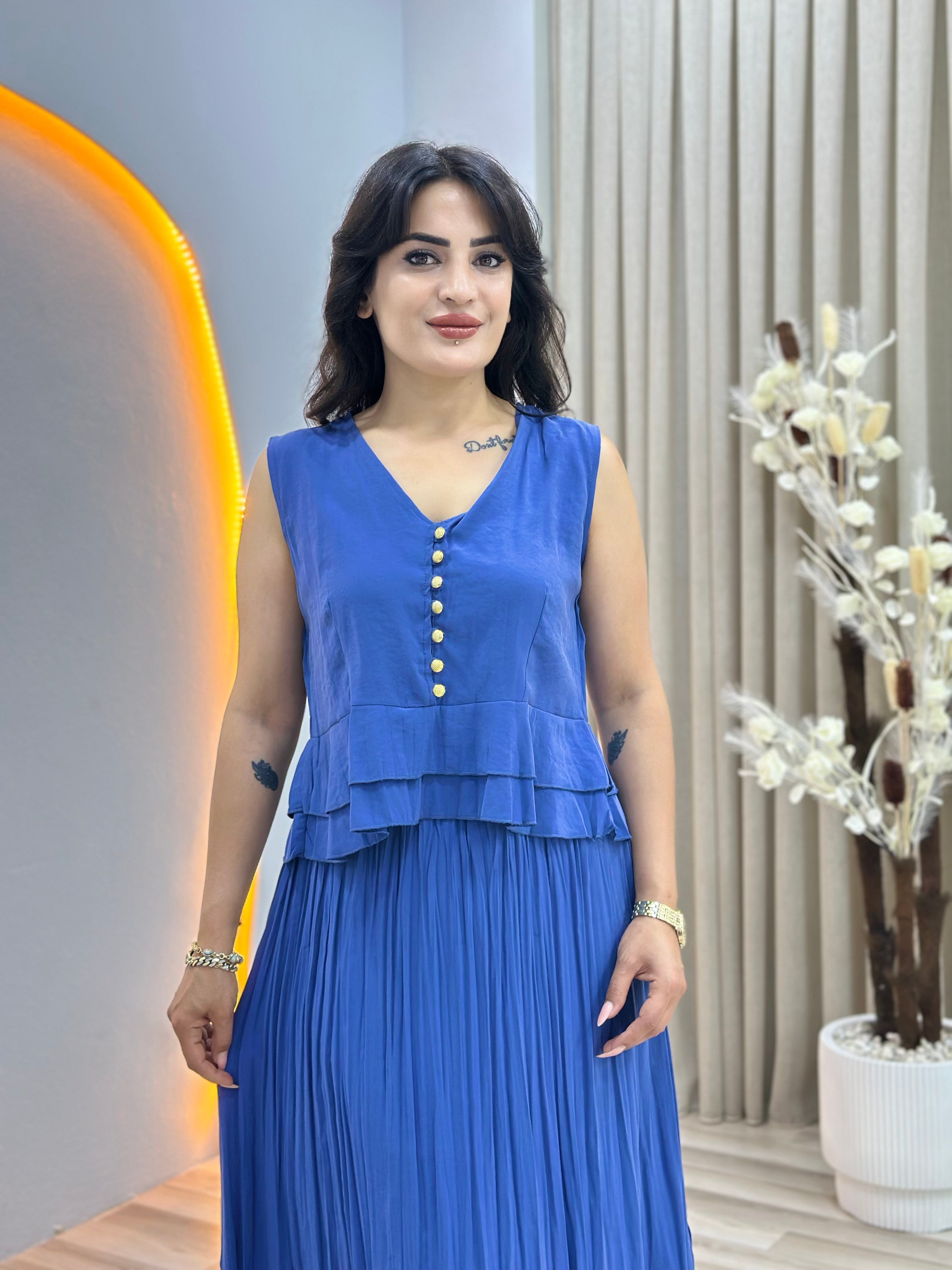 Veyla İndigo Mavi V Yaka Düğme Detaylı Bluz Uzun Piliseli Etek Takım D160
