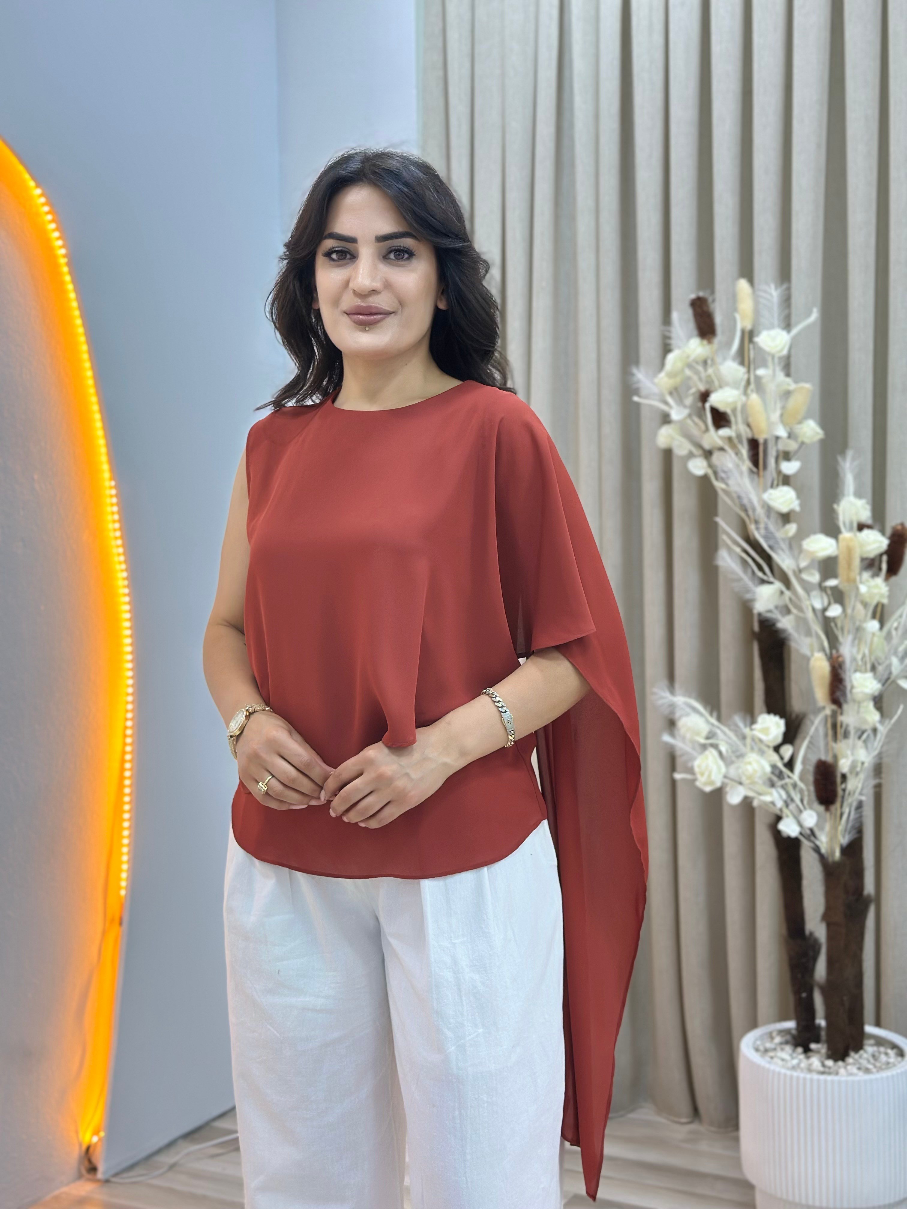 Vina Kiremit Bisiklet Yaka Asimetrik Fularlı Bluz D167
