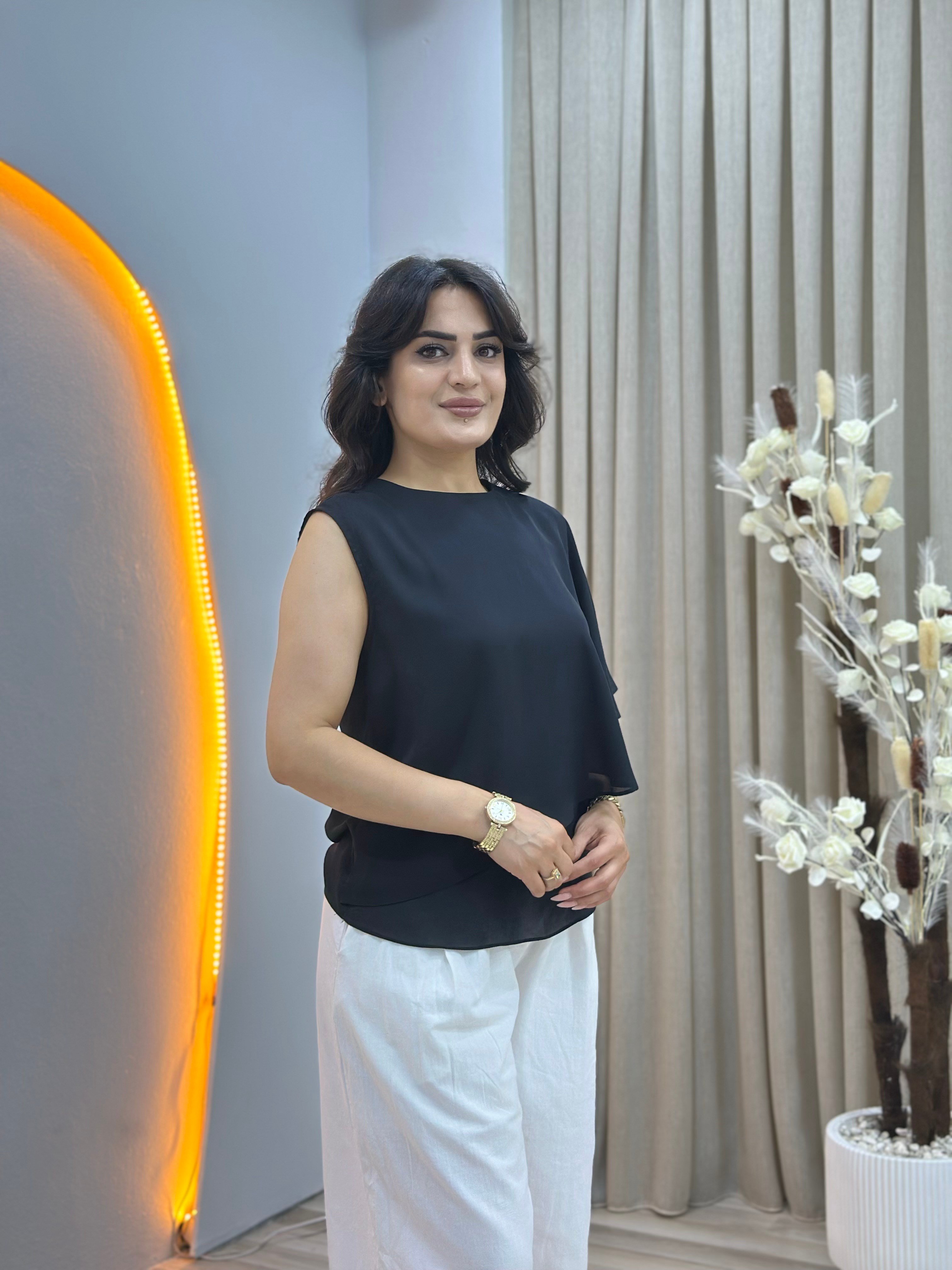 Vina Siyah Bisiklet Yaka Asimetrik Fularlı Bluz D167