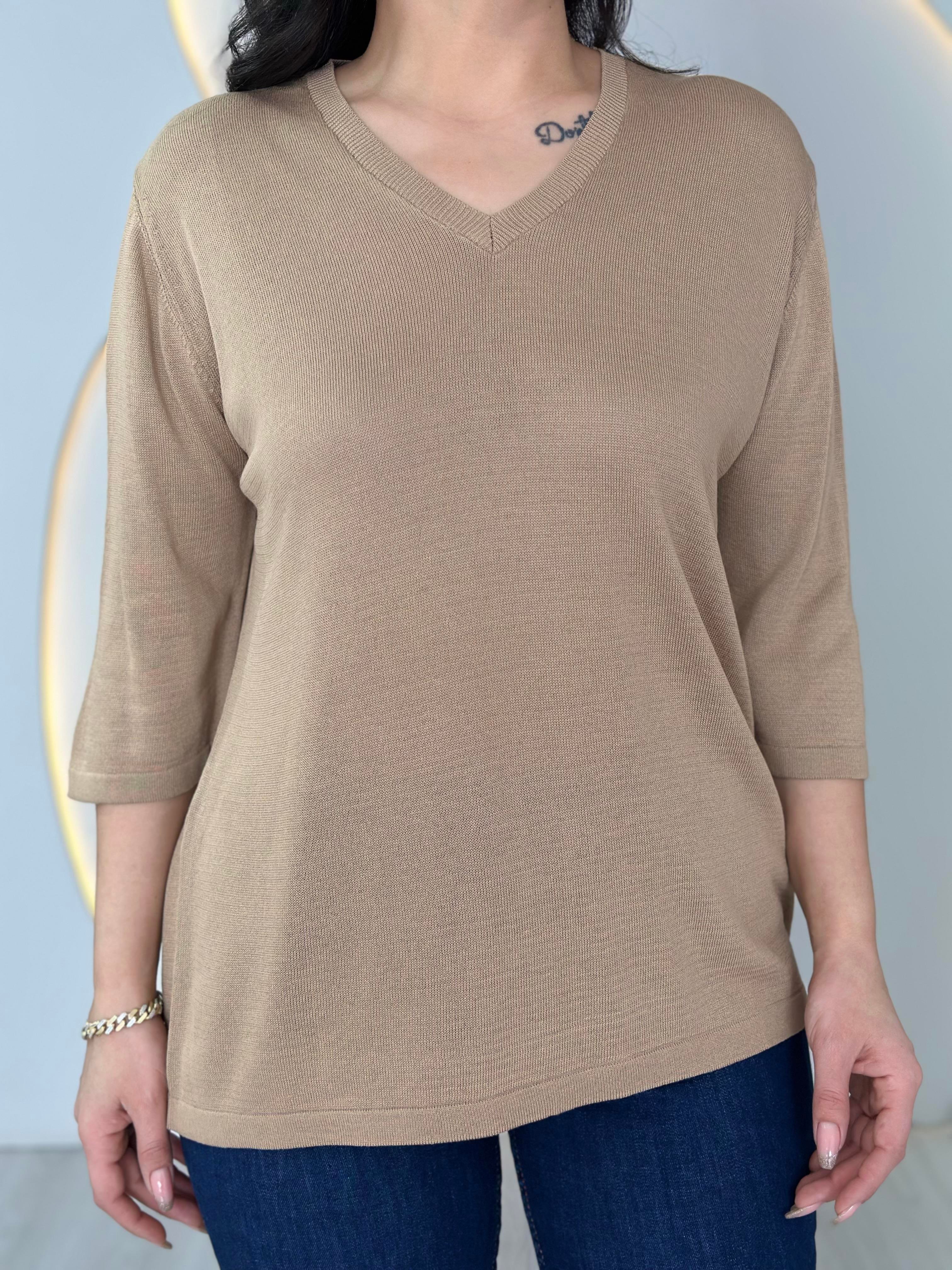 Vior Camel V Yaka Sim İşlemeli Triko Bluz D025