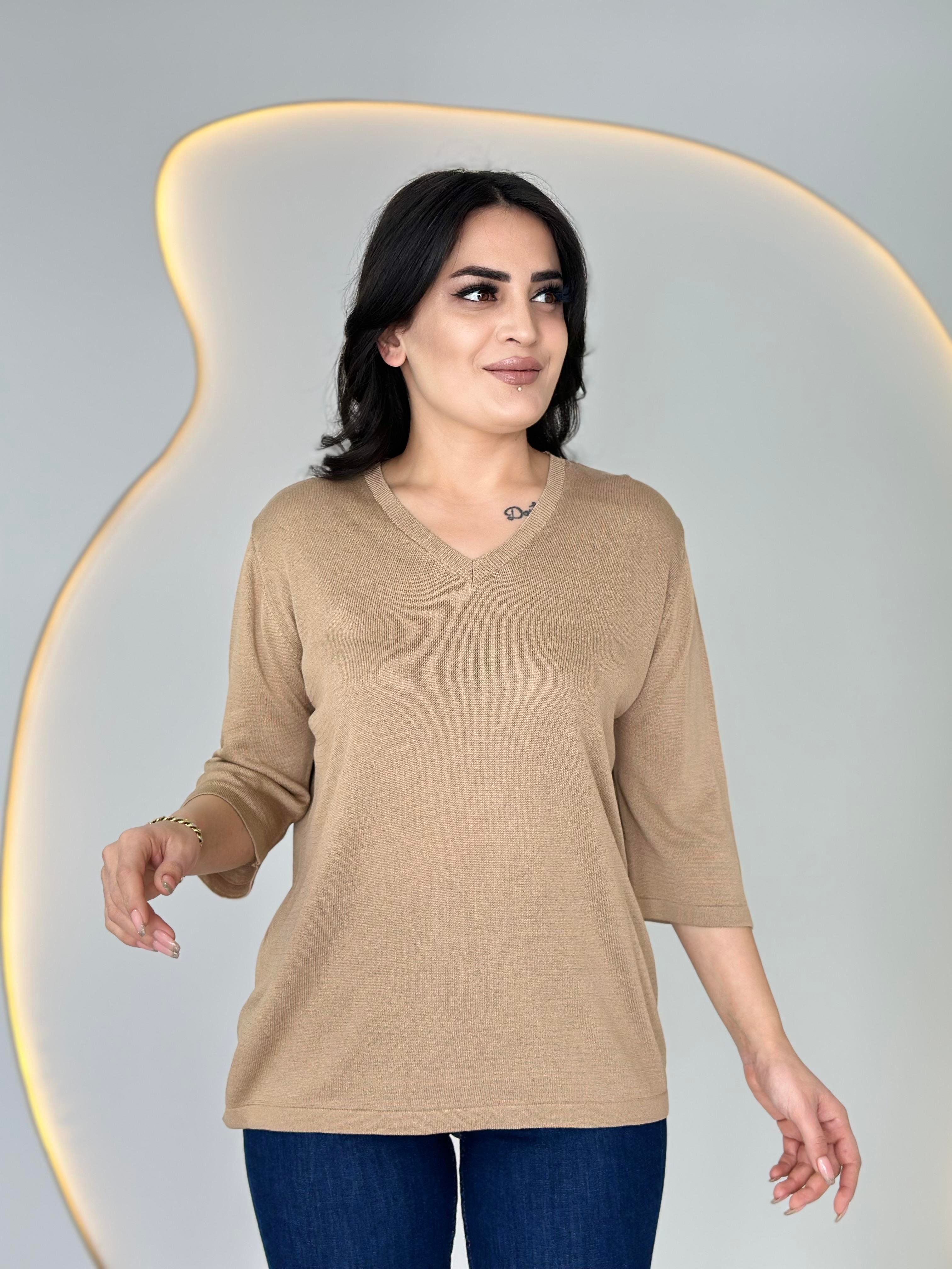 Vior Camel V Yaka Sim İşlemeli Triko Bluz D025