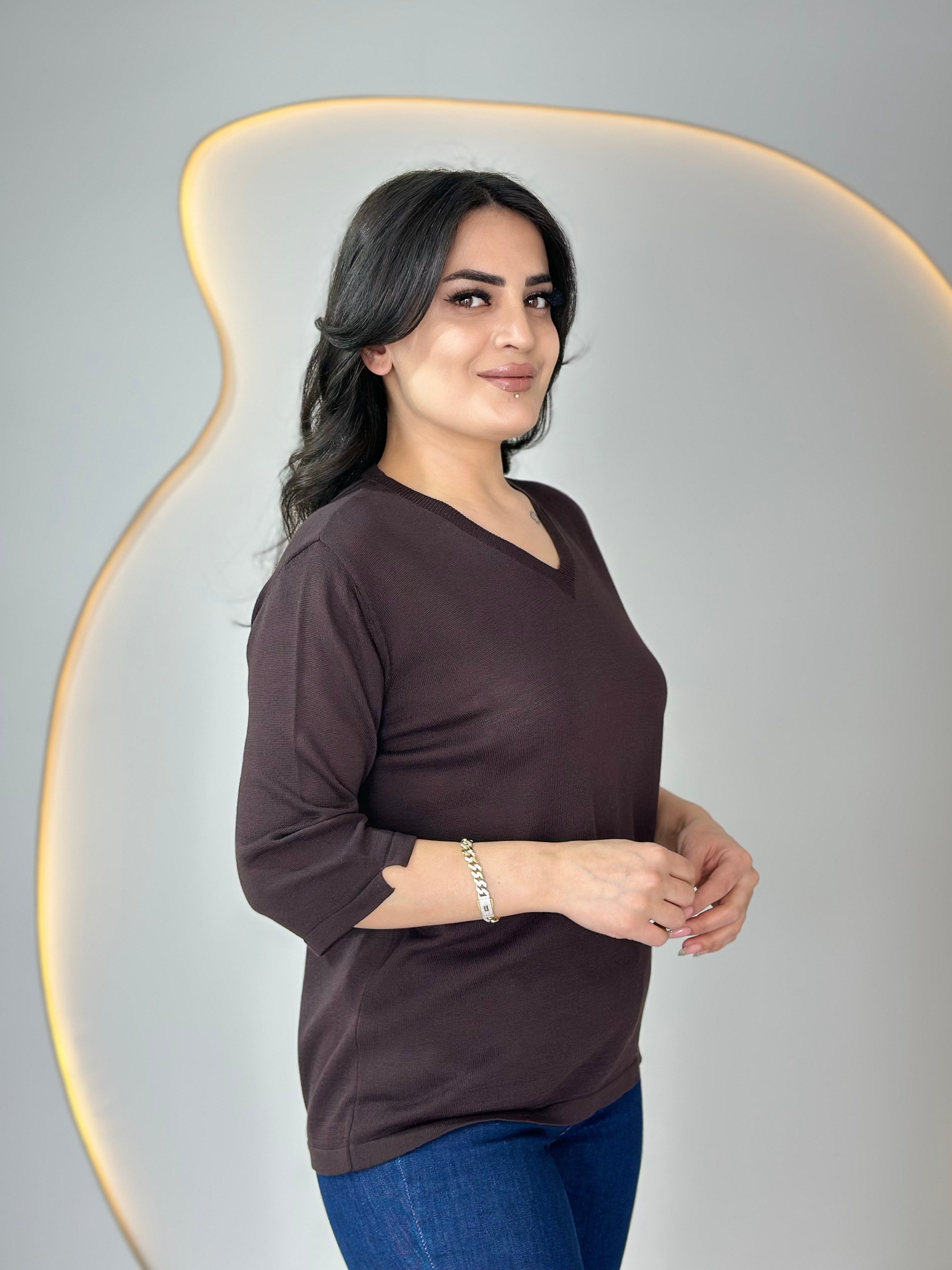 Vior V Yaka Merserize Bluz Acı Kahve 