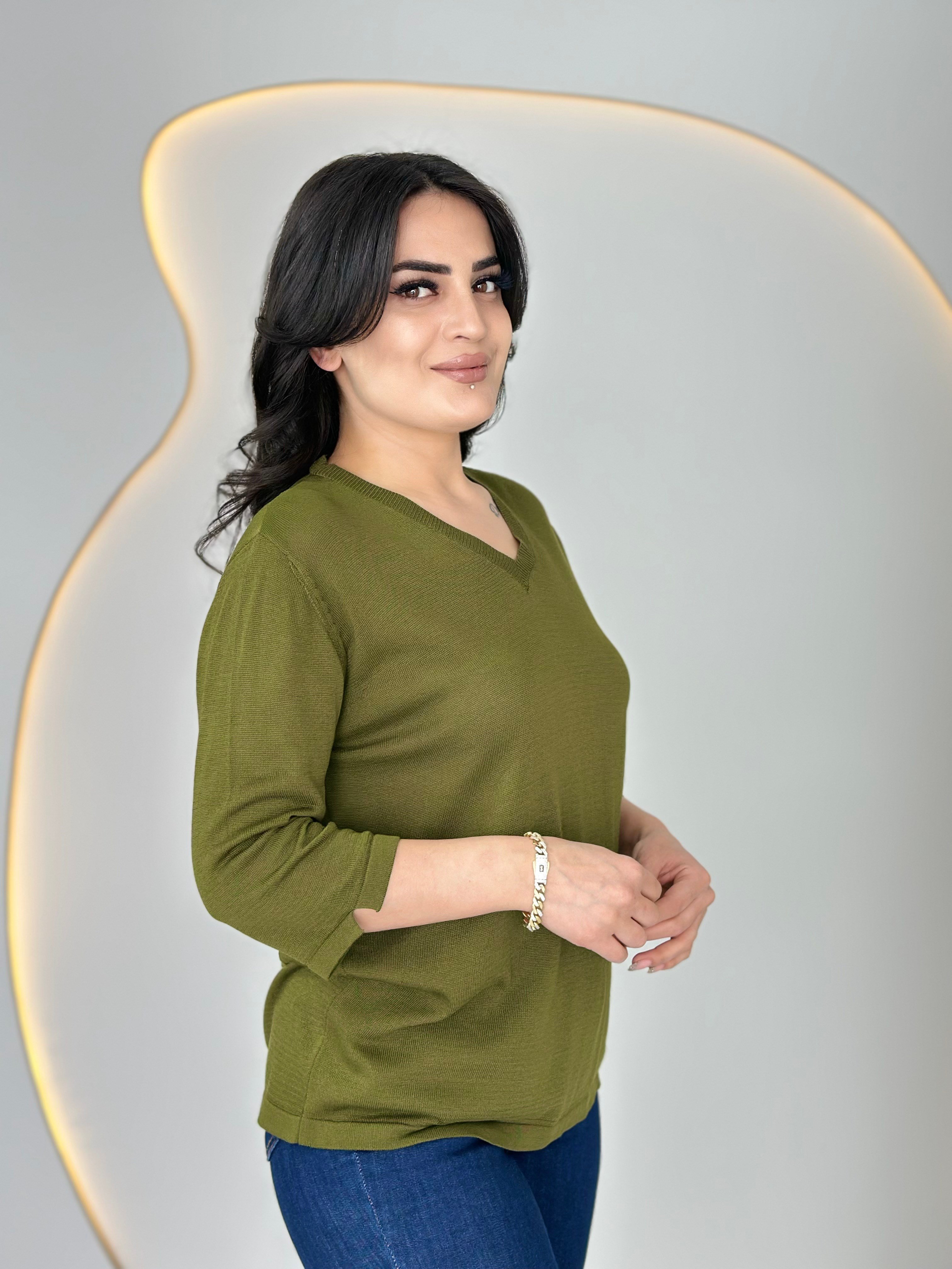 Vior V Yaka Merserize Bluz Haki Yeşili