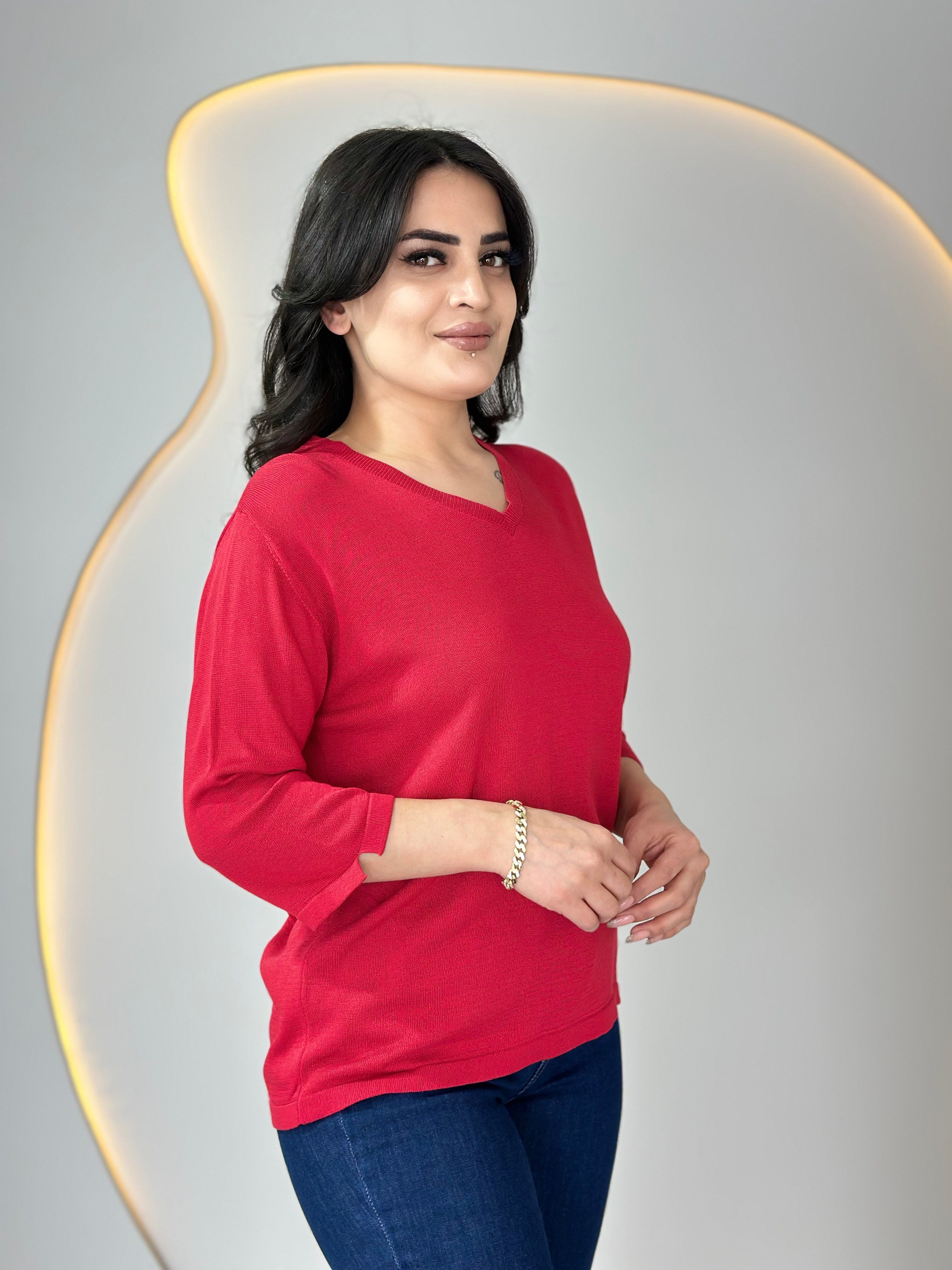 Vior V Yaka Merserize Bluz Kırmızı