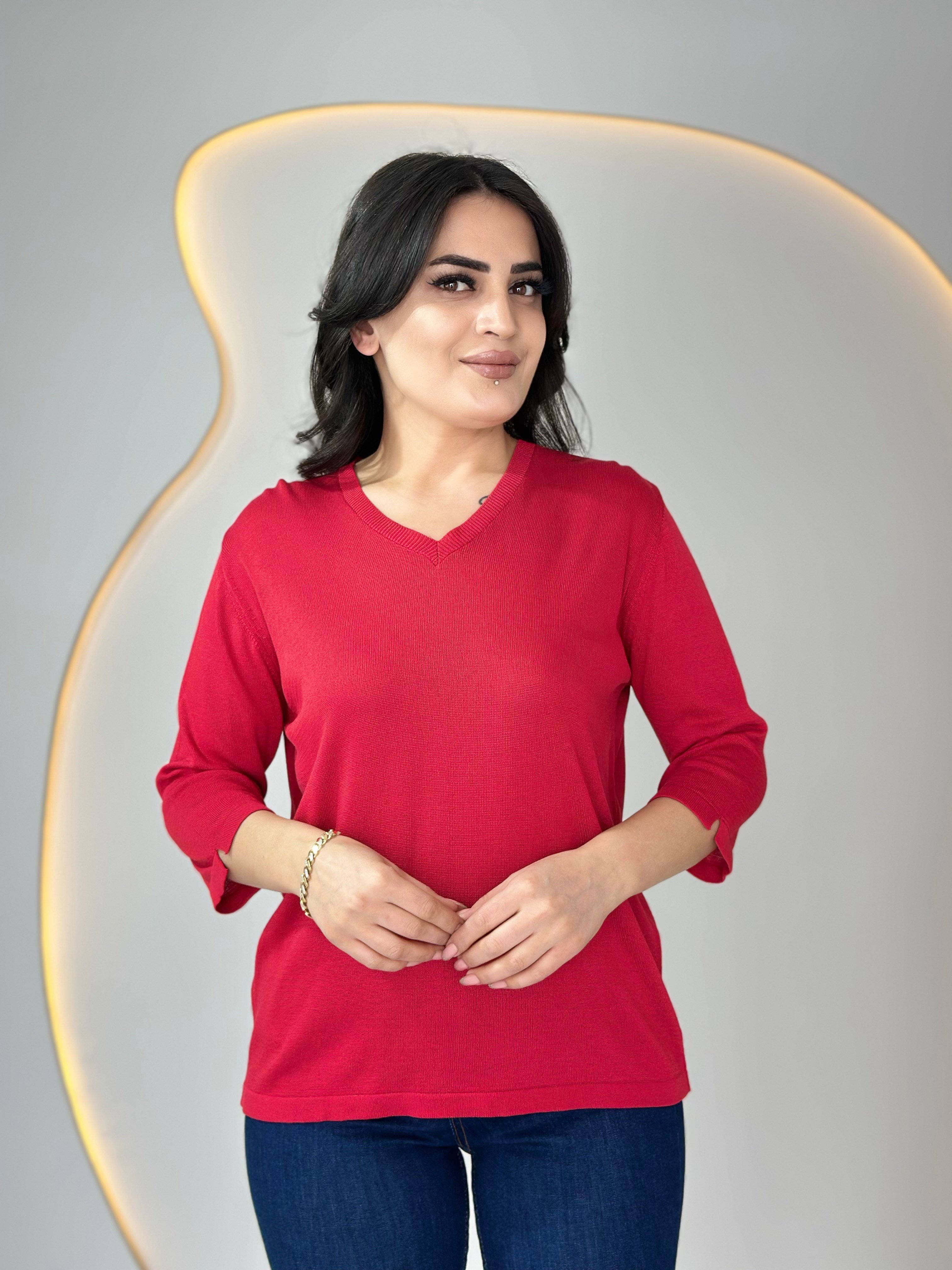 Vior V Yaka Merserize Bluz Kırmızı