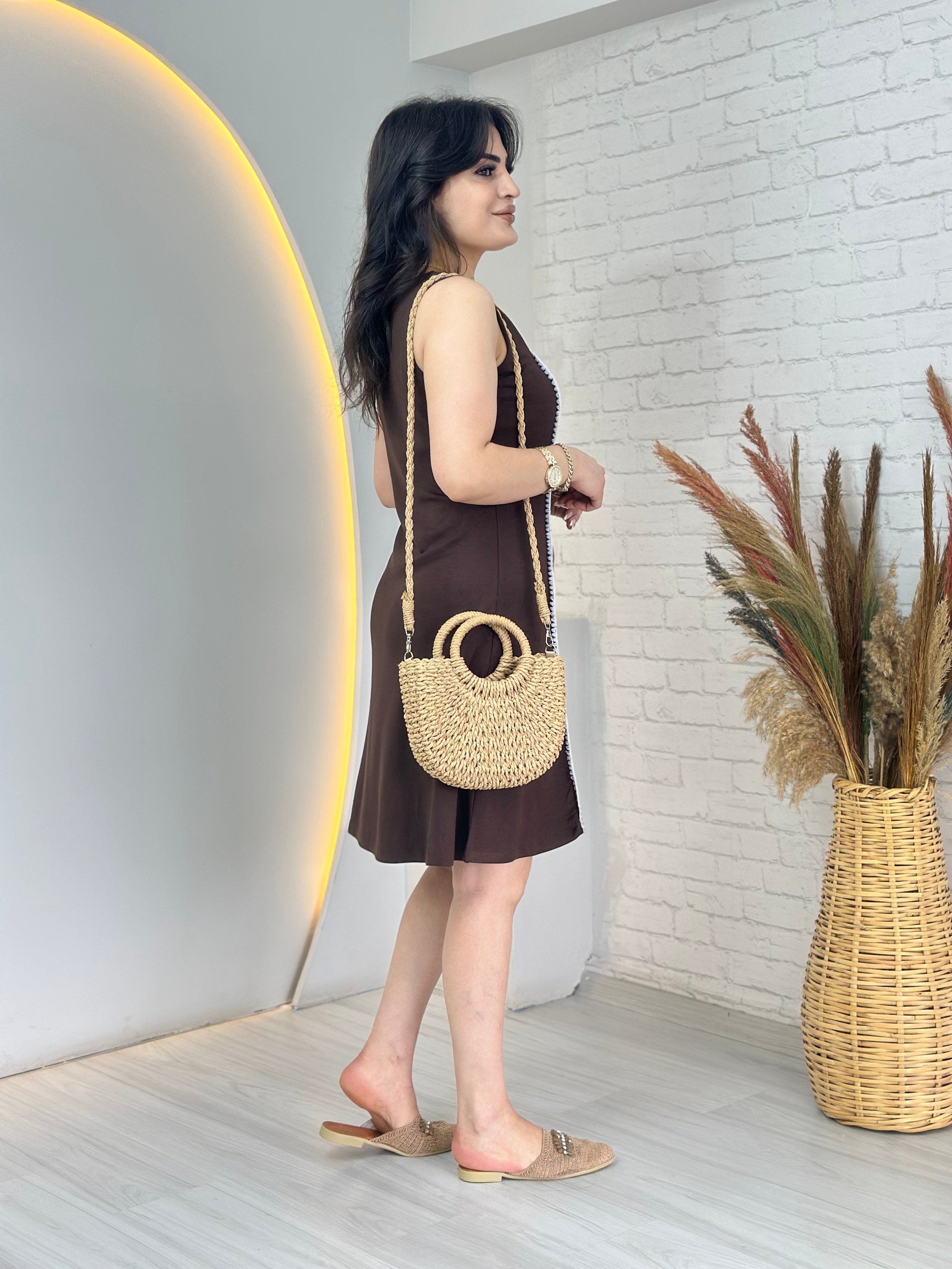 Vireo Kahve Kare Yaka Biye Detay Modal Elbise D126