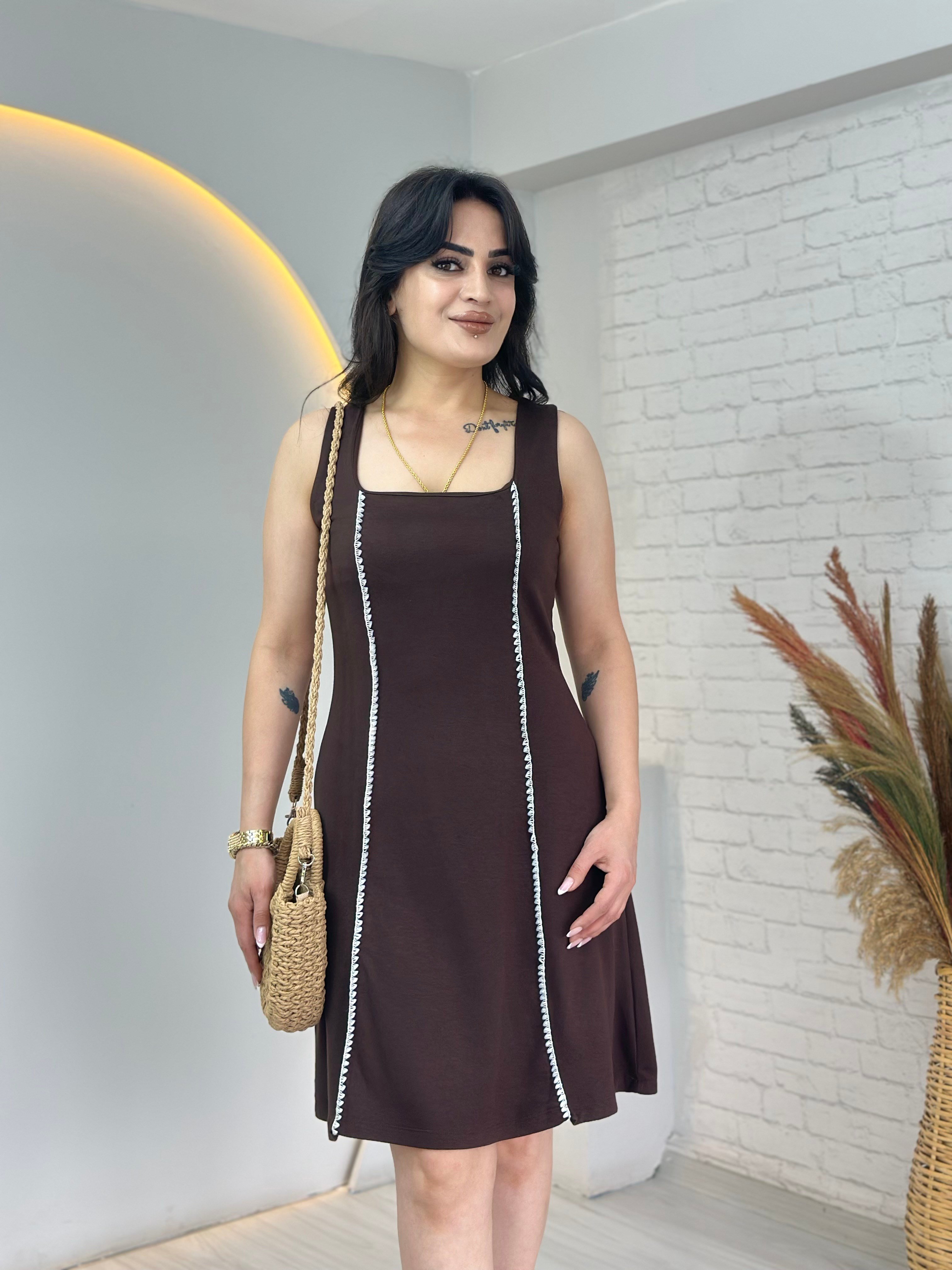 Vireo Kahve Kare Yaka Biye Detay Modal Elbise D126