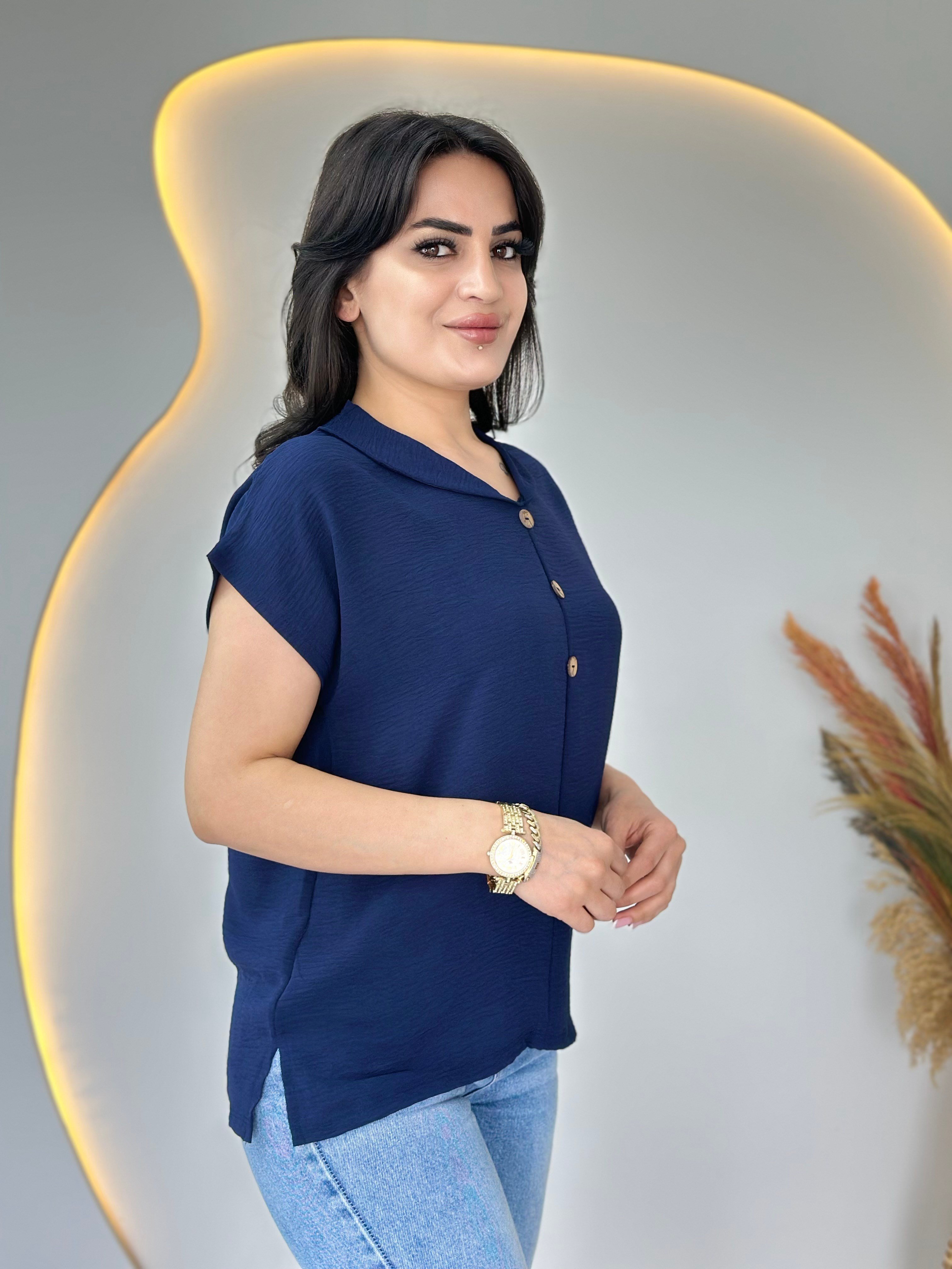 Vosse Lacivert Şal Yaka Düğme Detaylı Aerobin Kısa Kol Bluz D113