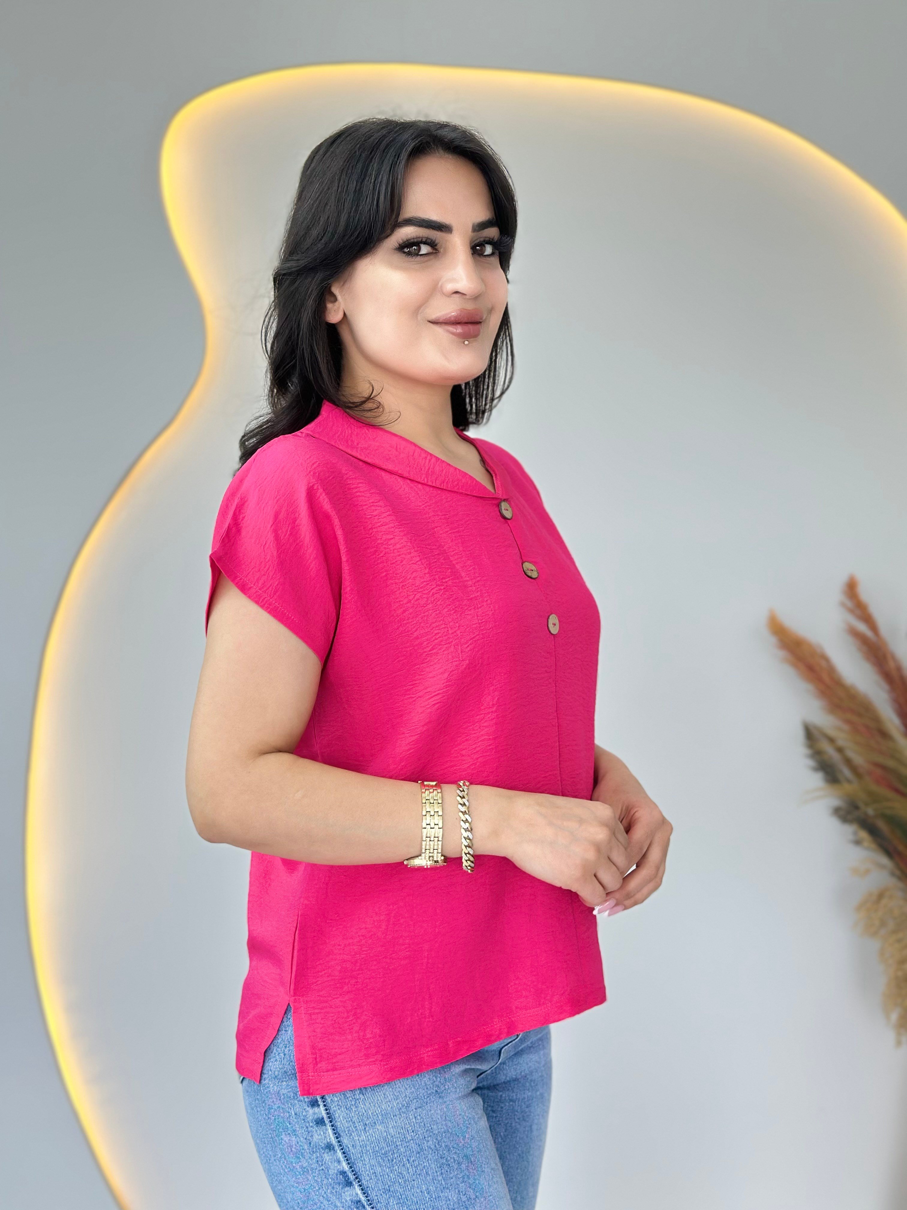 Vosse Neon Pembe Şal Yaka Düğme Detaylı Aerobin Kısa Kol Bluz D113