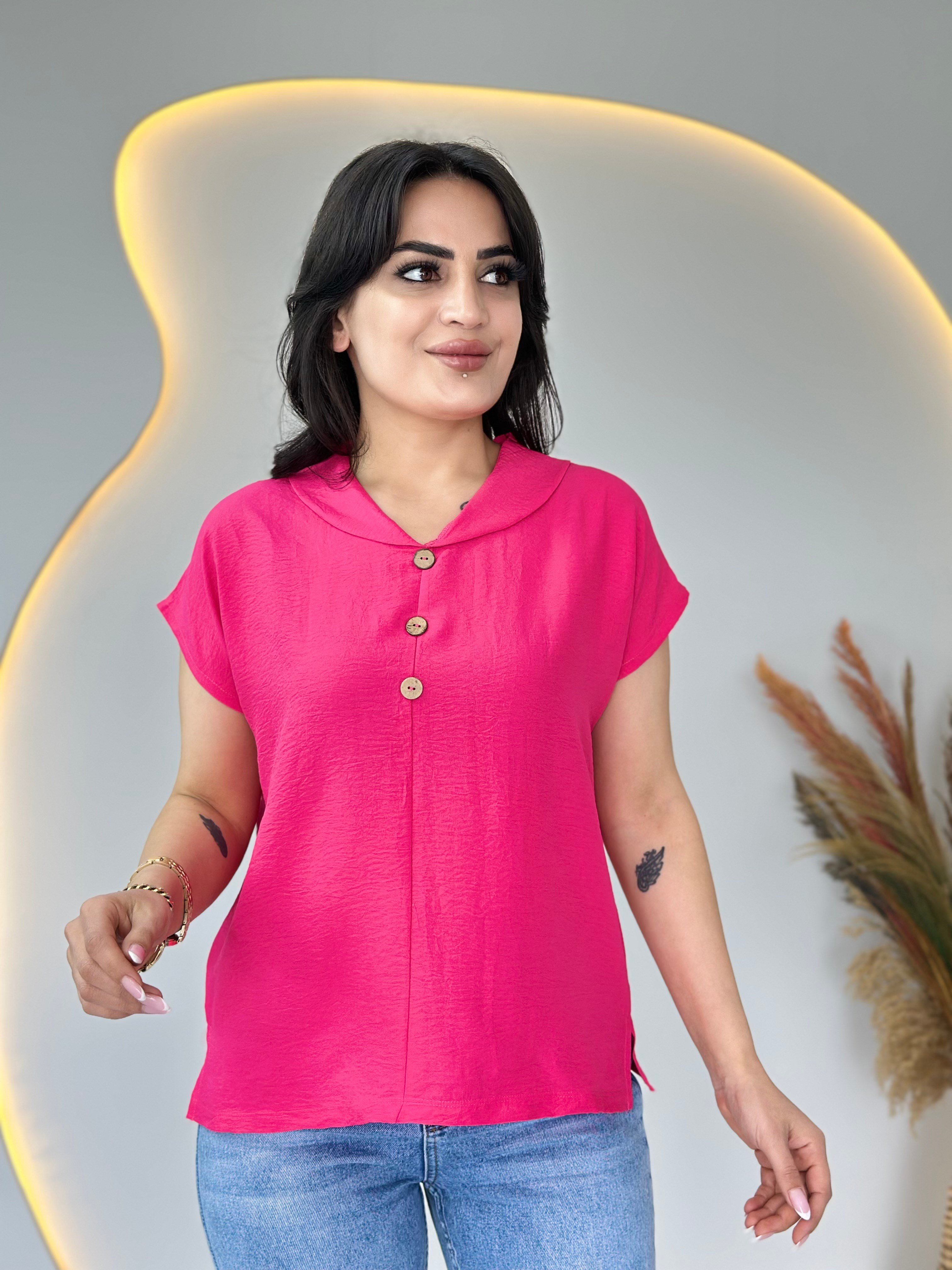Vosse Neon Pembe Şal Yaka Düğme Detaylı Aerobin Kısa Kol Bluz D113