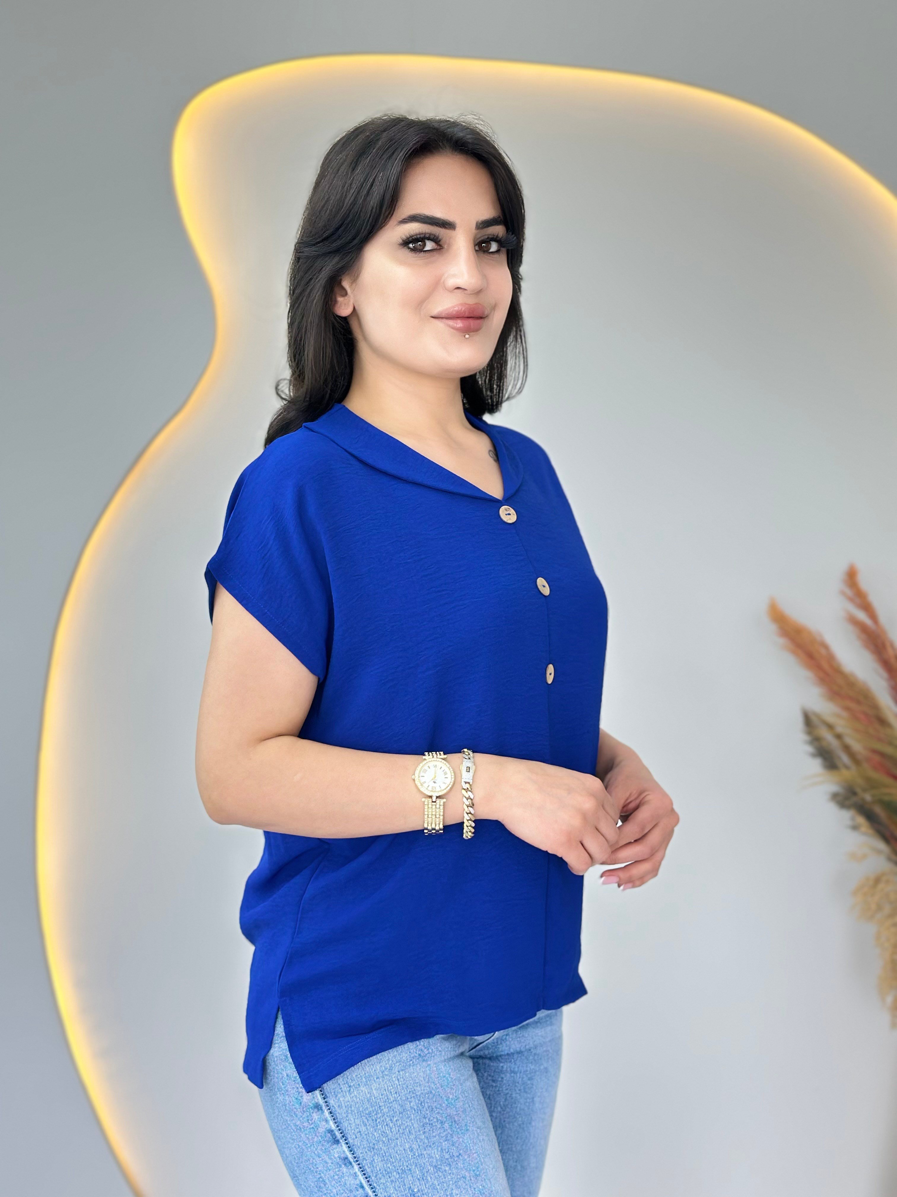 Vosse Saks Mavi Şal Yaka Düğme Detaylı Aerobin Kısa Kol Bluz D113