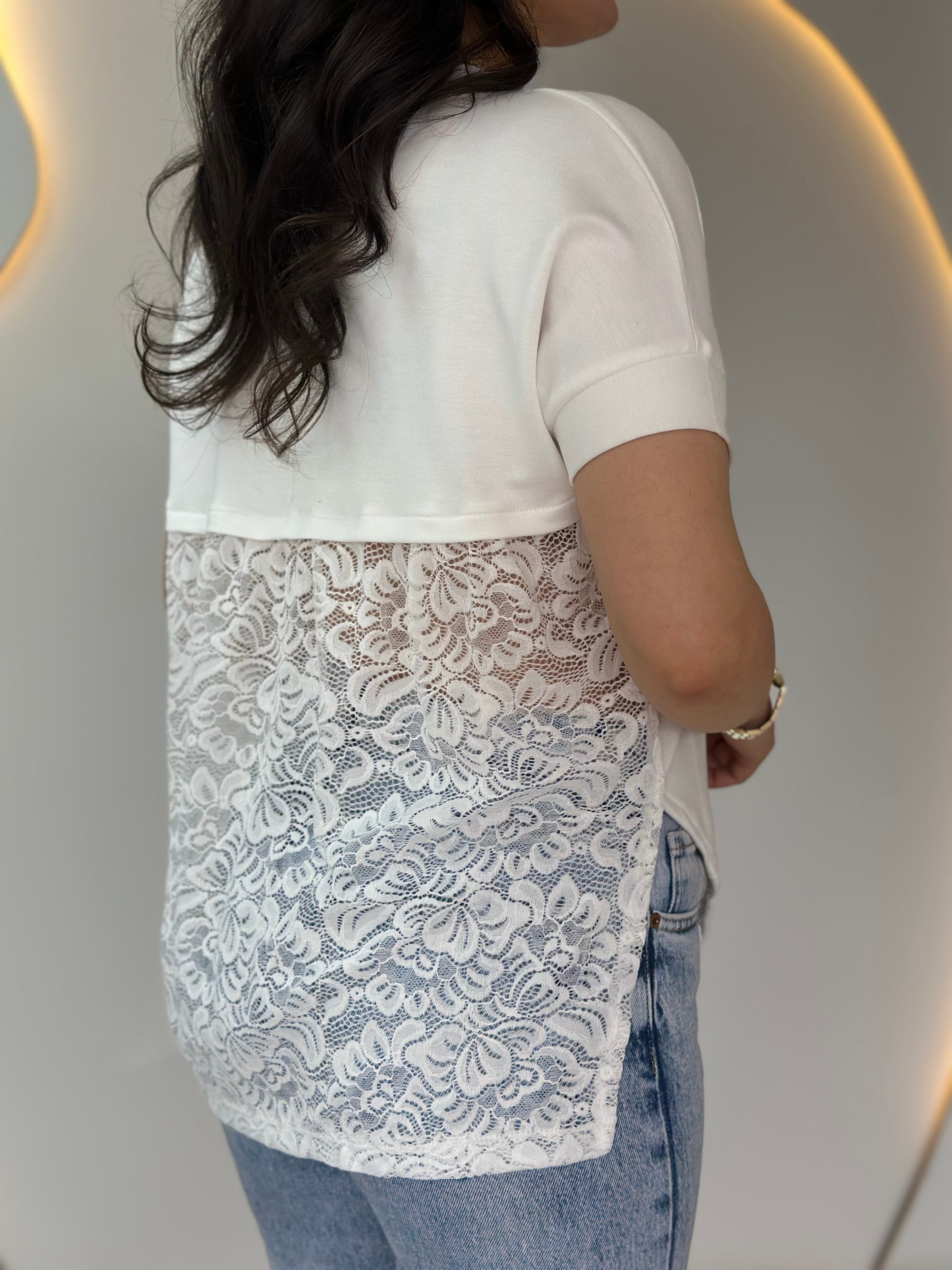 Wor Beyaz Bisiklet Yaka Dantel Detaylı Tasarım Tshirt Bluz D129