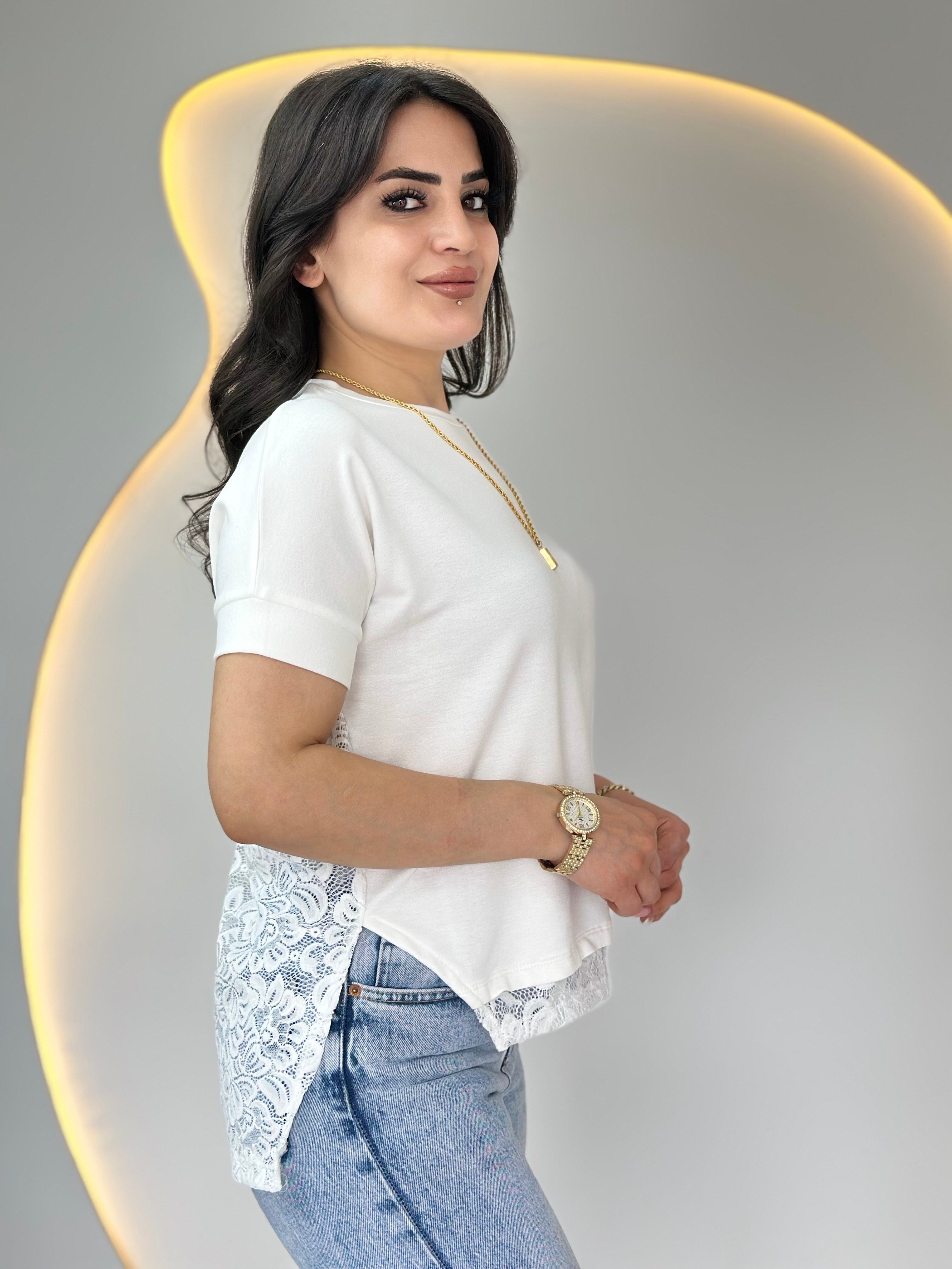 Wor Beyaz Bisiklet Yaka Dantel Detaylı Tasarım Tshirt Bluz D129
