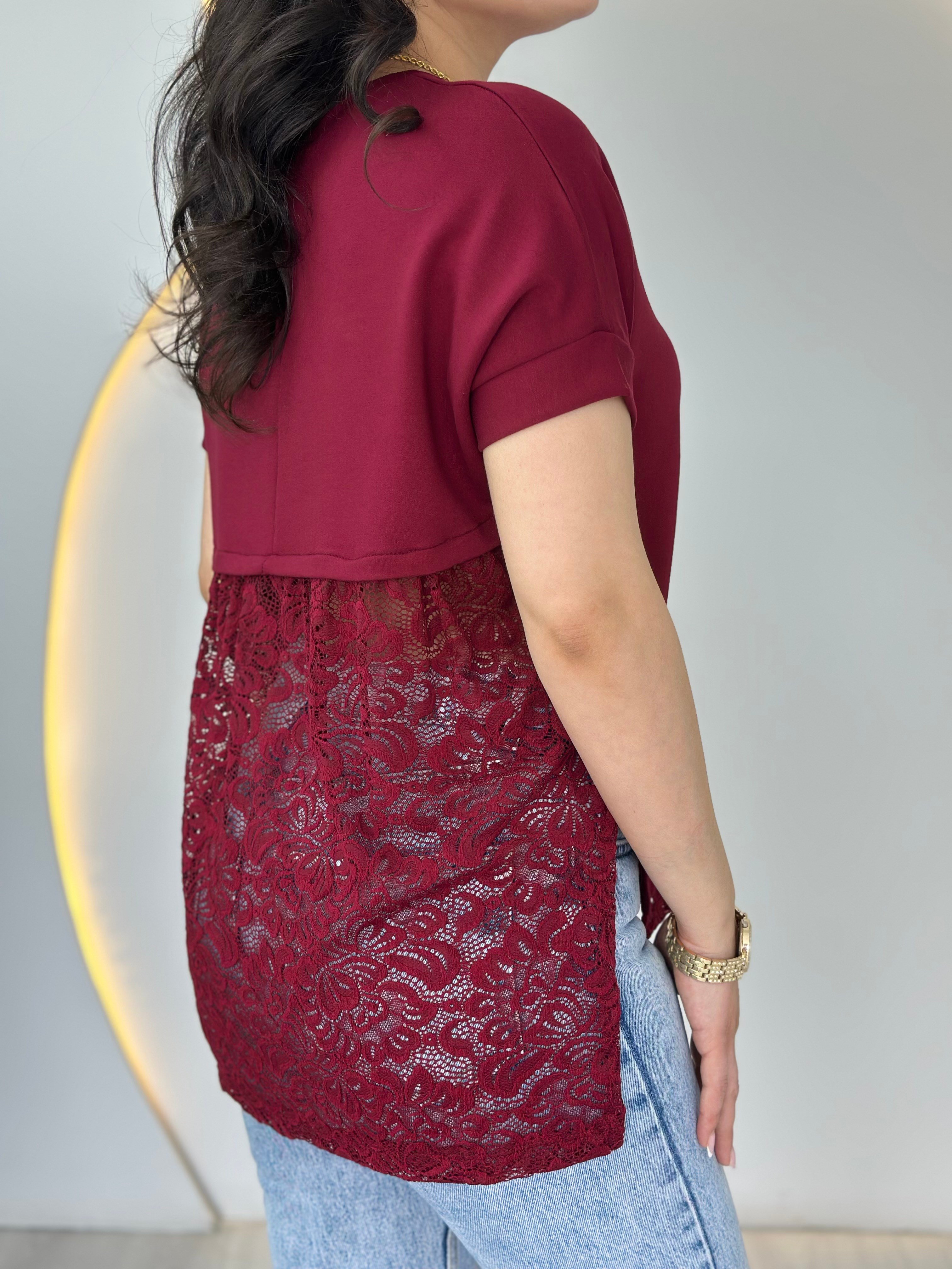 Wor Bordo Bisiklet Yaka Dantel Detaylı Tasarım Tshirt Bluz D129