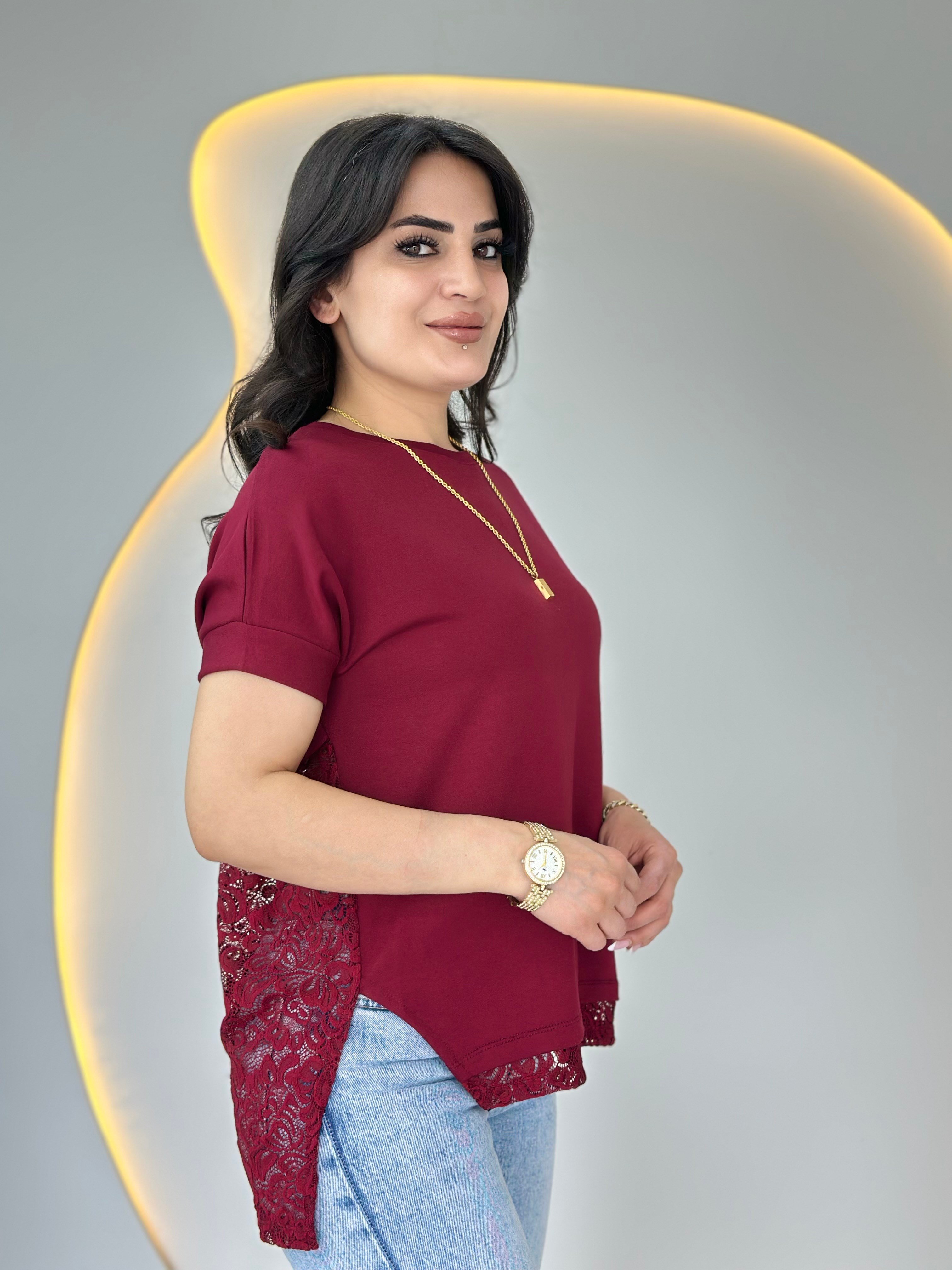 Wor Bordo Bisiklet Yaka Dantel Detaylı Tasarım Tshirt Bluz D129