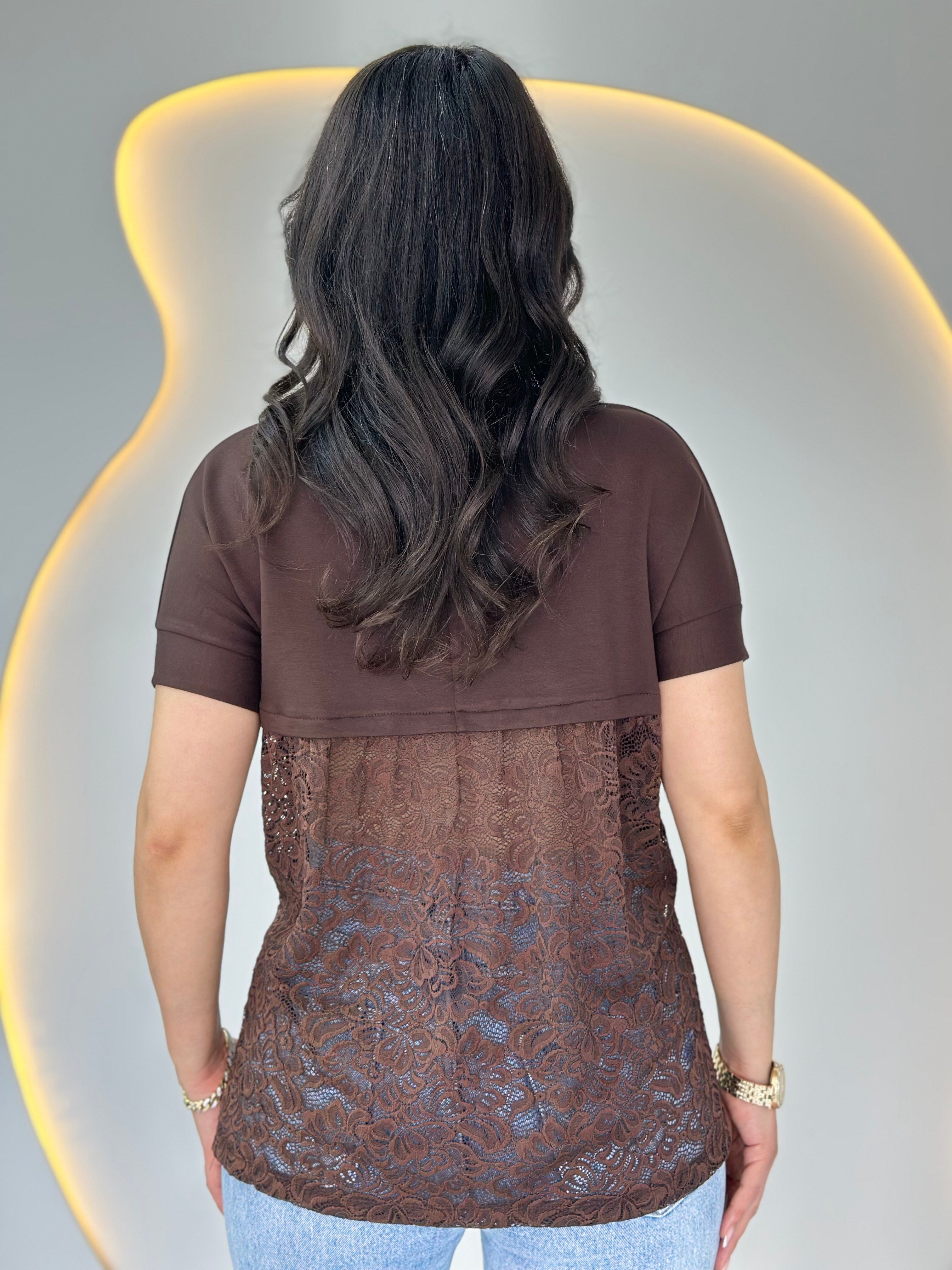 Wor Kahve Bisiklet Yaka Dantel Detaylı Tasarım Tshirt Bluz D129