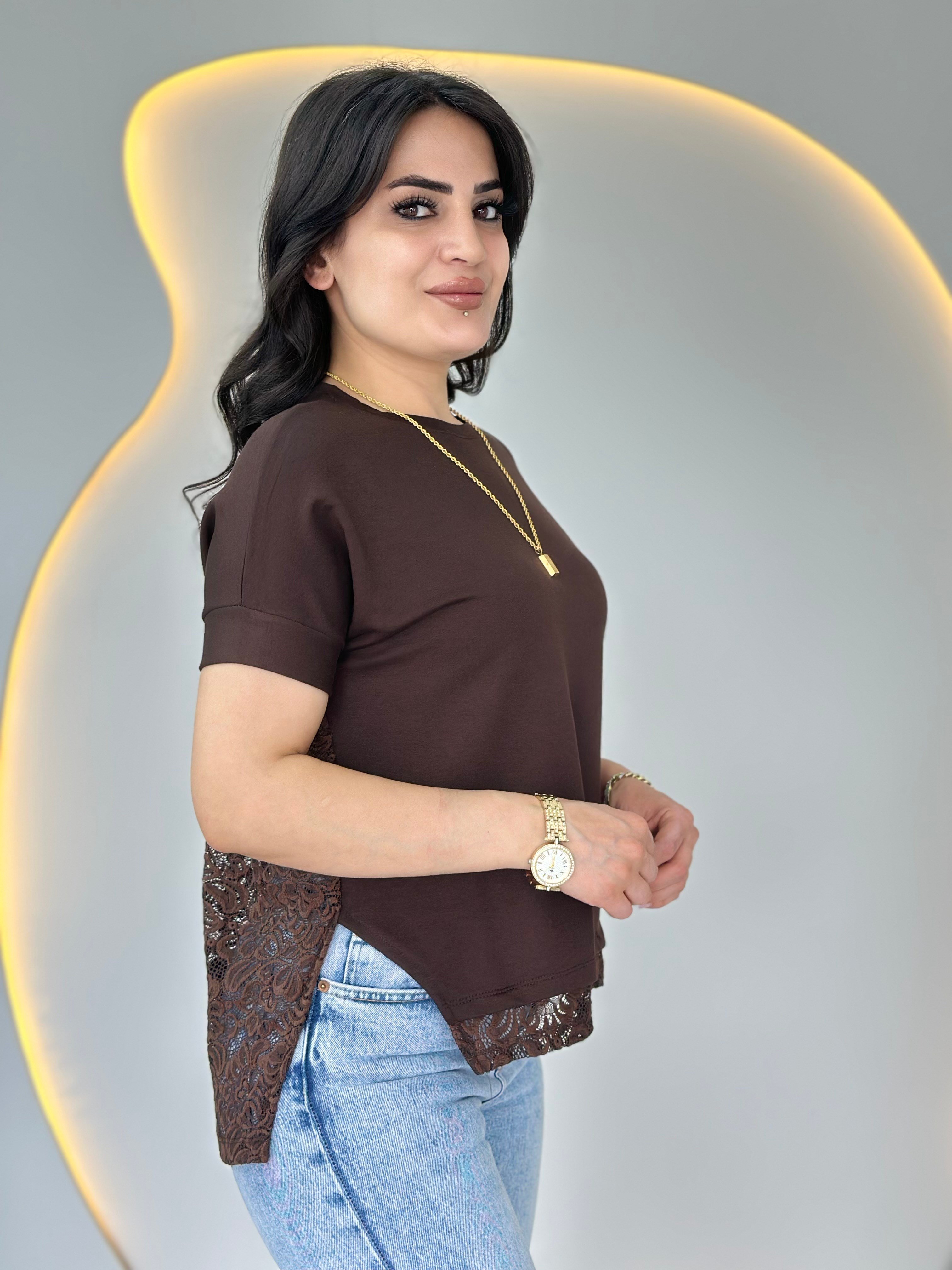 Wor Kahve Bisiklet Yaka Dantel Detaylı Tasarım Tshirt Bluz D129