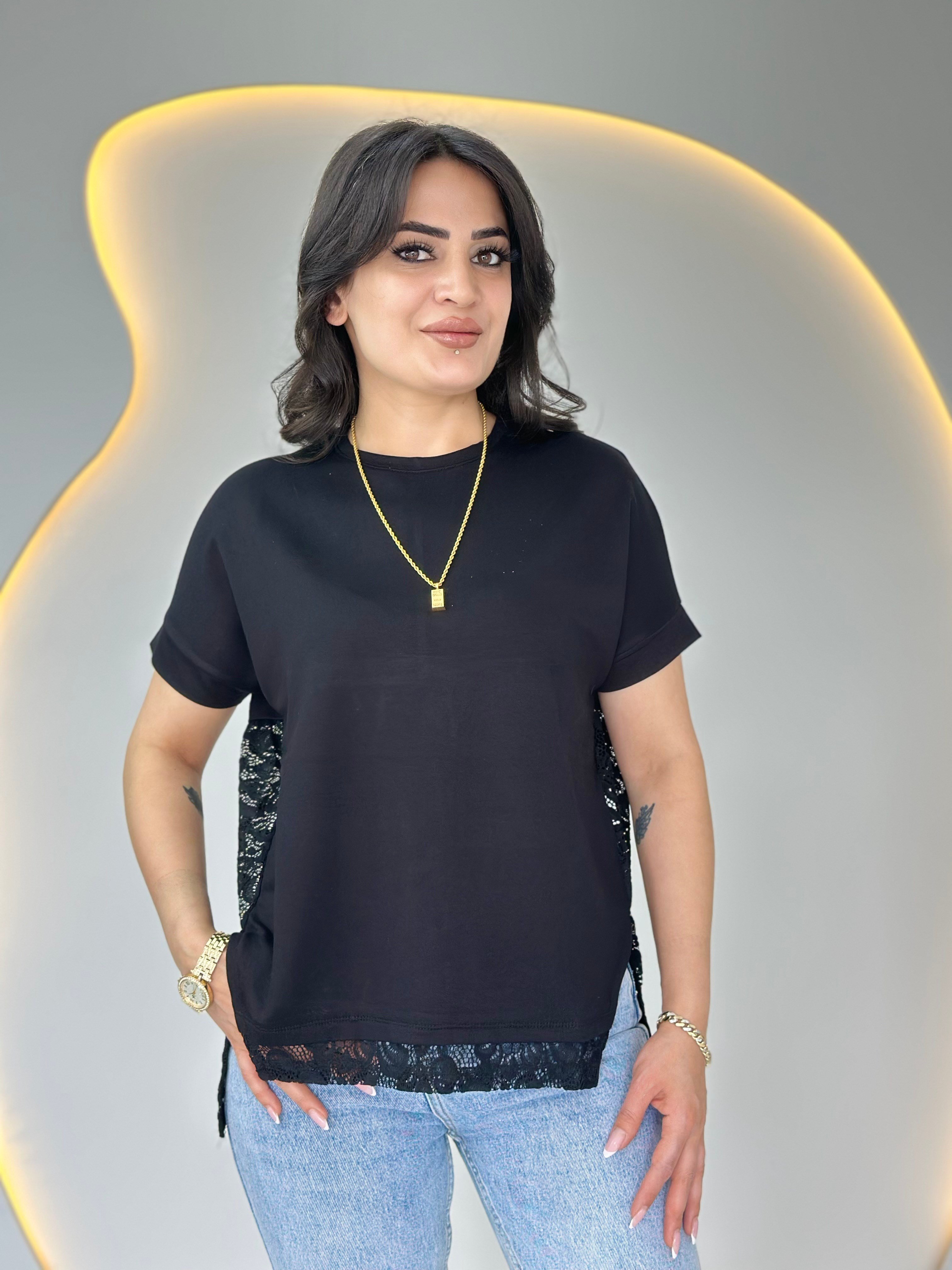 Wor Siyah Bisiklet Yaka Dantel Detaylı Tasarım Tshirt Bluz D129
