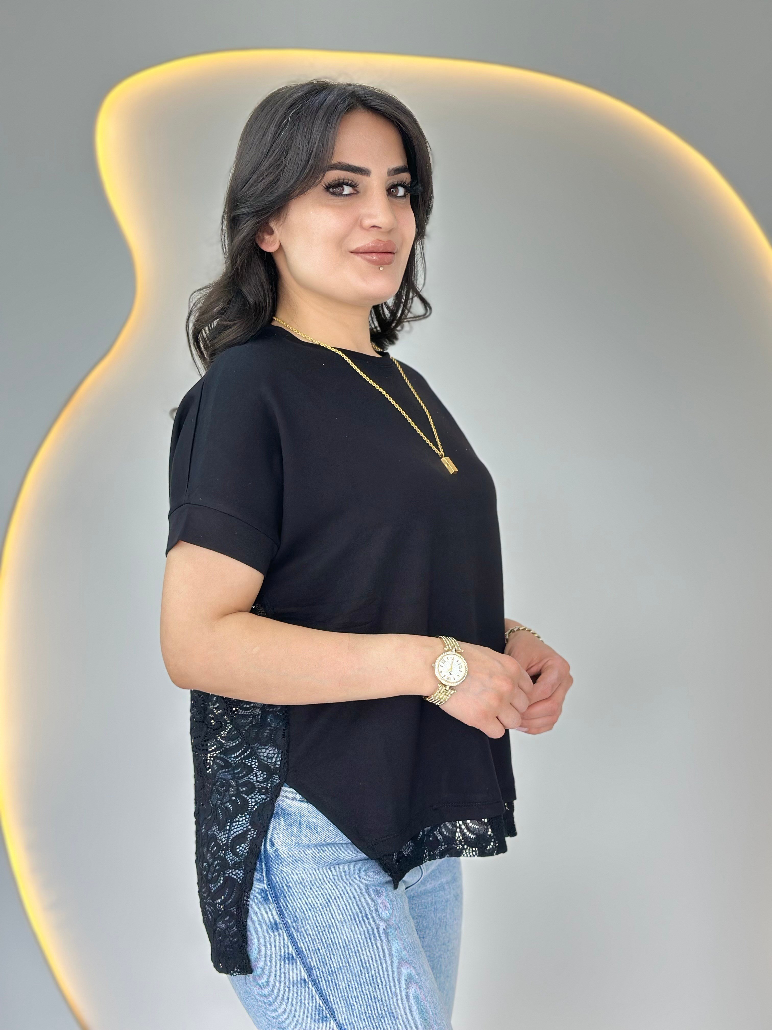 Wor Siyah Bisiklet Yaka Dantel Detaylı Tasarım Tshirt Bluz D129