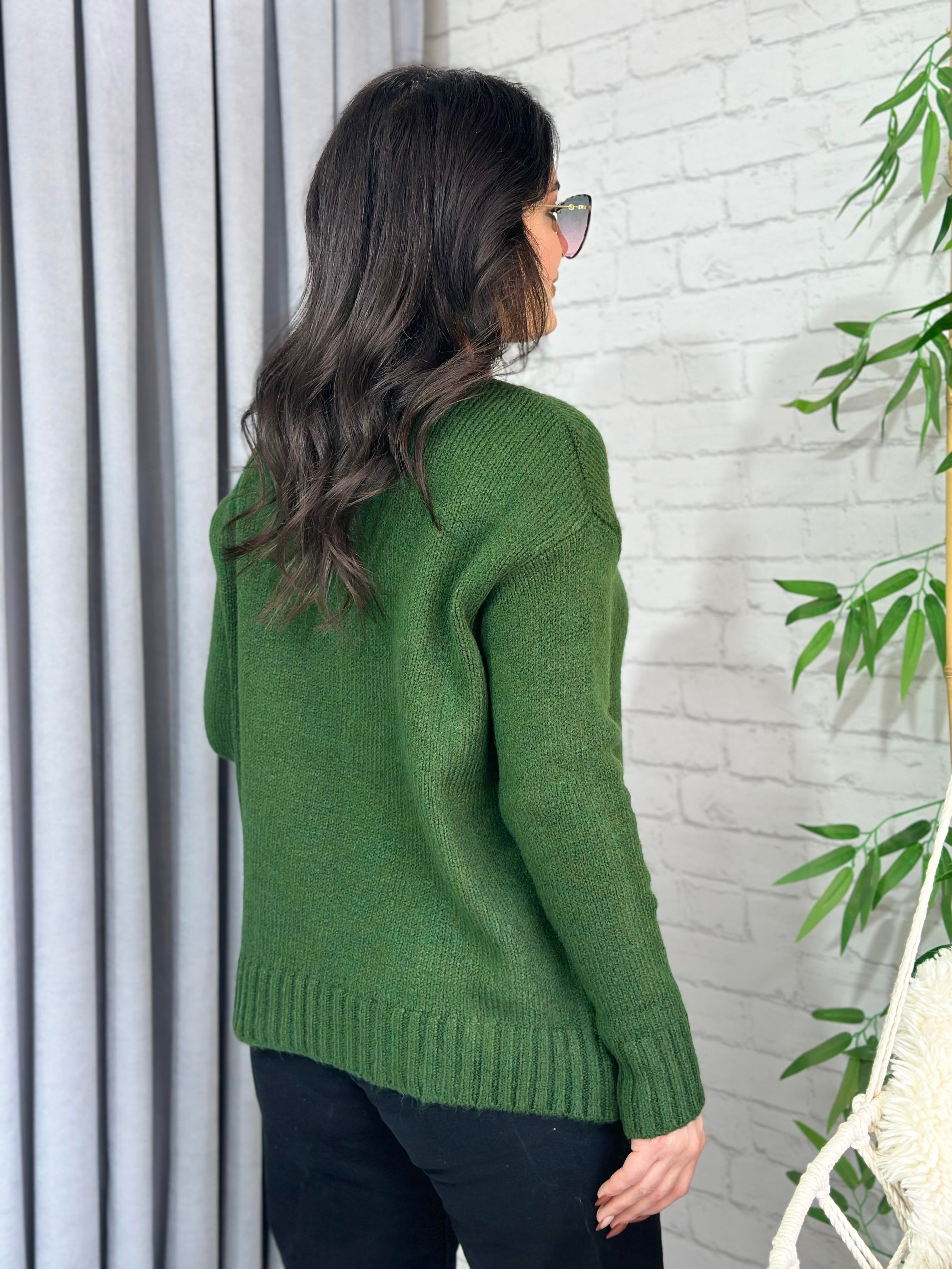 Yeşil Orijinal Bisiklet Yaka Oversize Yün Kazak A541