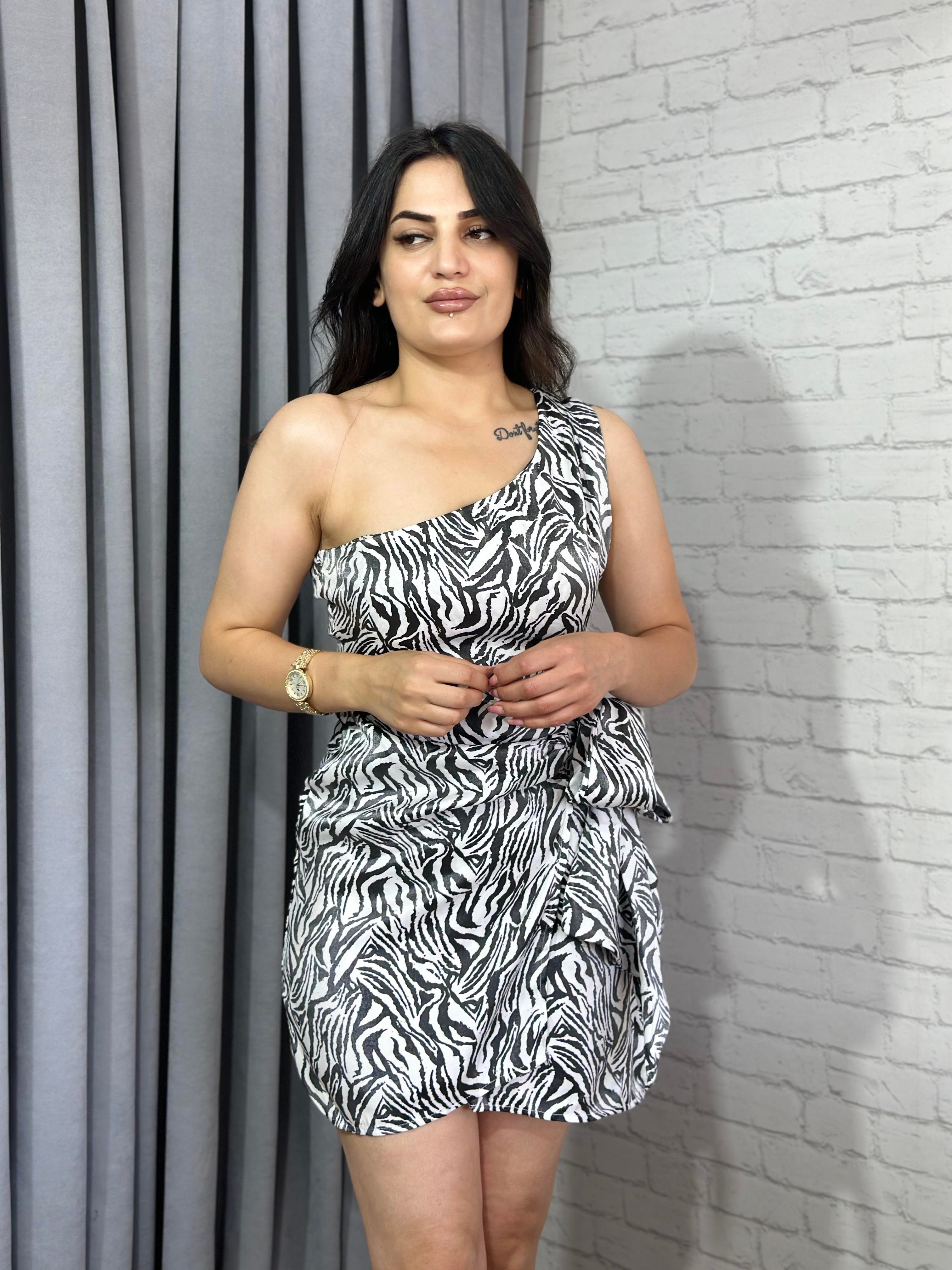Zebra Desen Tek Omuz Yandan Bağlamalı Pamuk Saten Elbise 