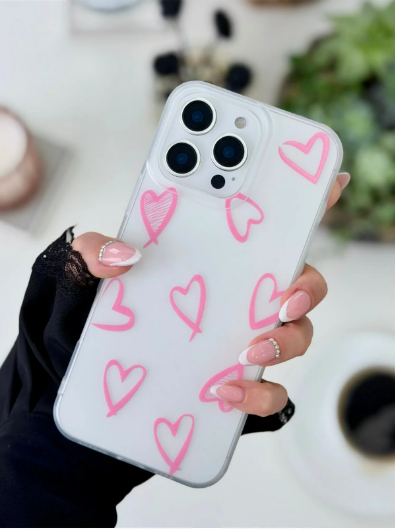  Iphone 16 Promax Uyumlu Mat Baskı PEMBE KALP Parmak İzi Bırakmaz Şeffaf Kılıf