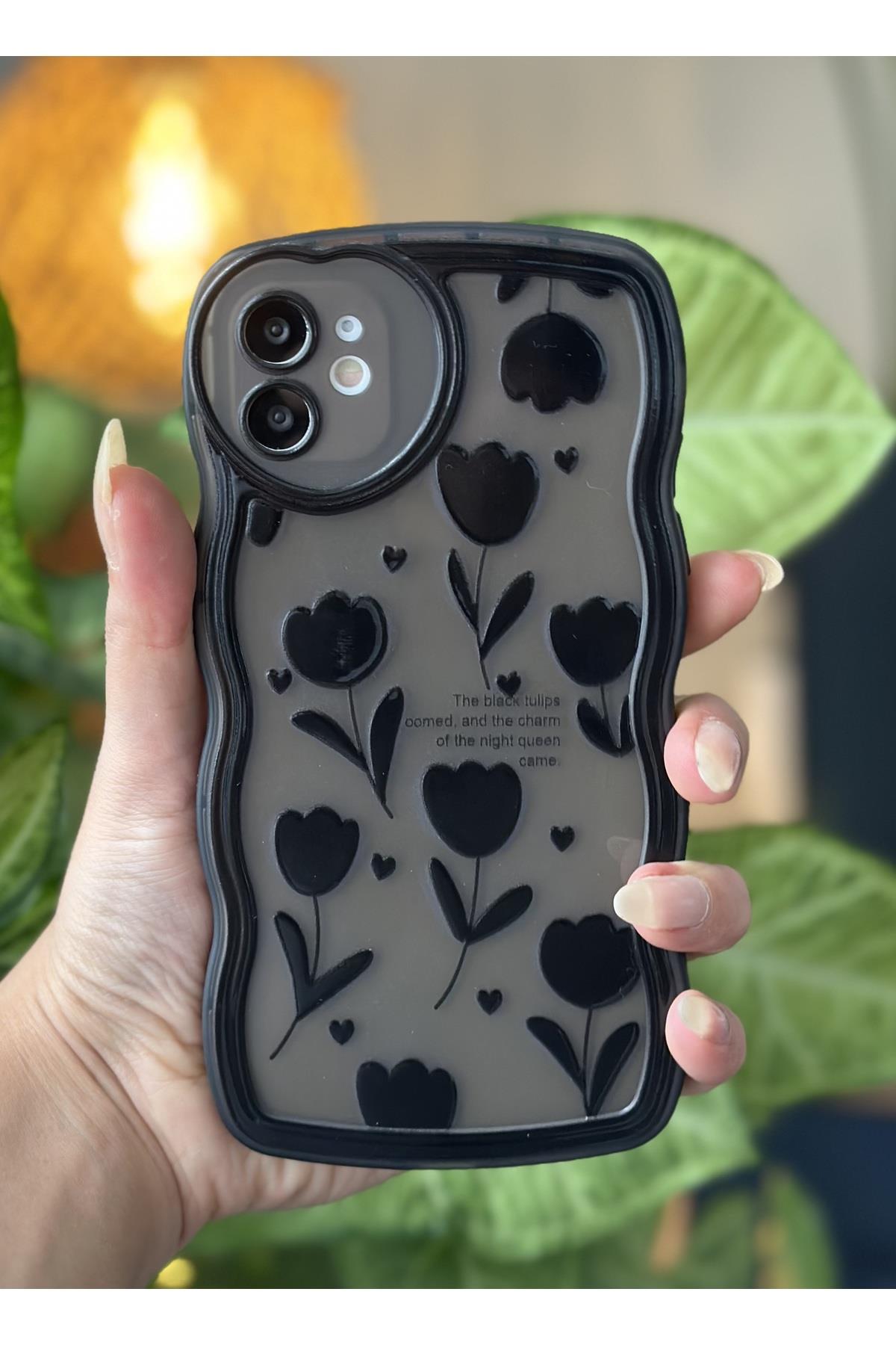 Iphone 11 Uyumlu Dalgalı Kenar Siyah Lale Kalp Kamera Tasarımlı Silikon Kamera Korumalı Kılıf yuvarlakkamera, one size