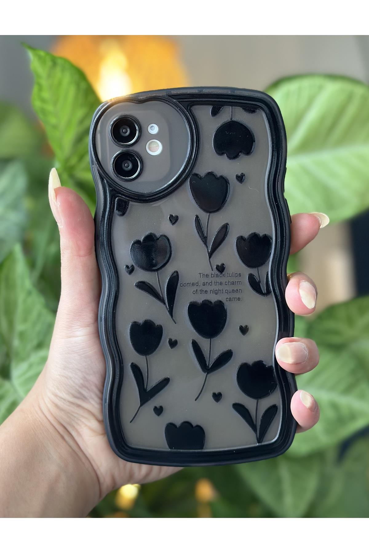Iphone 11 Uyumlu Dalgalı Kenar Siyah Lale Kalp Kamera Tasarımlı Silikon Kamera Korumalı Kılıf yuvarlakkamera, one size