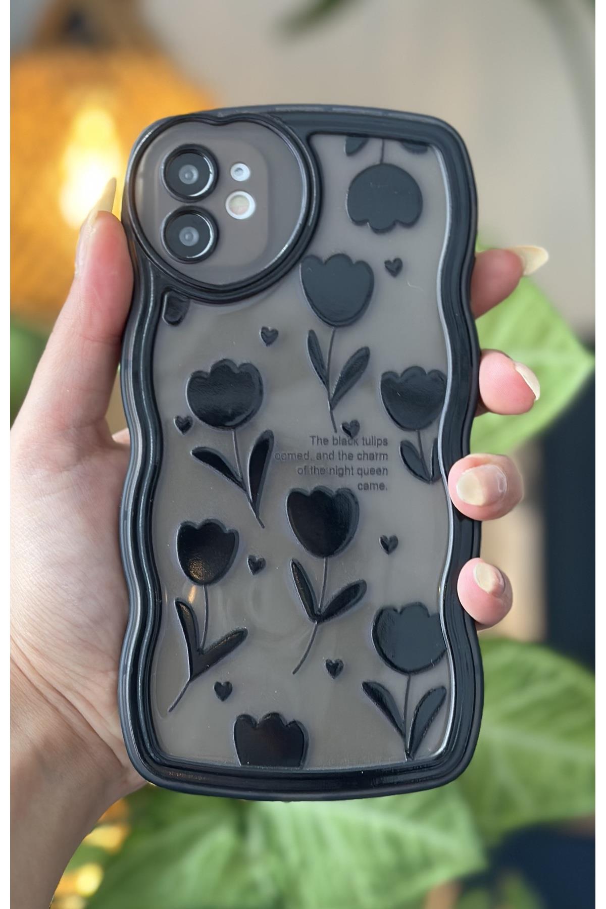 Iphone 11 Uyumlu Dalgalı Kenar Siyah Lale Kalp Kamera Tasarımlı Silikon Kamera Korumalı Kılıf yuvarlakkamera, one size