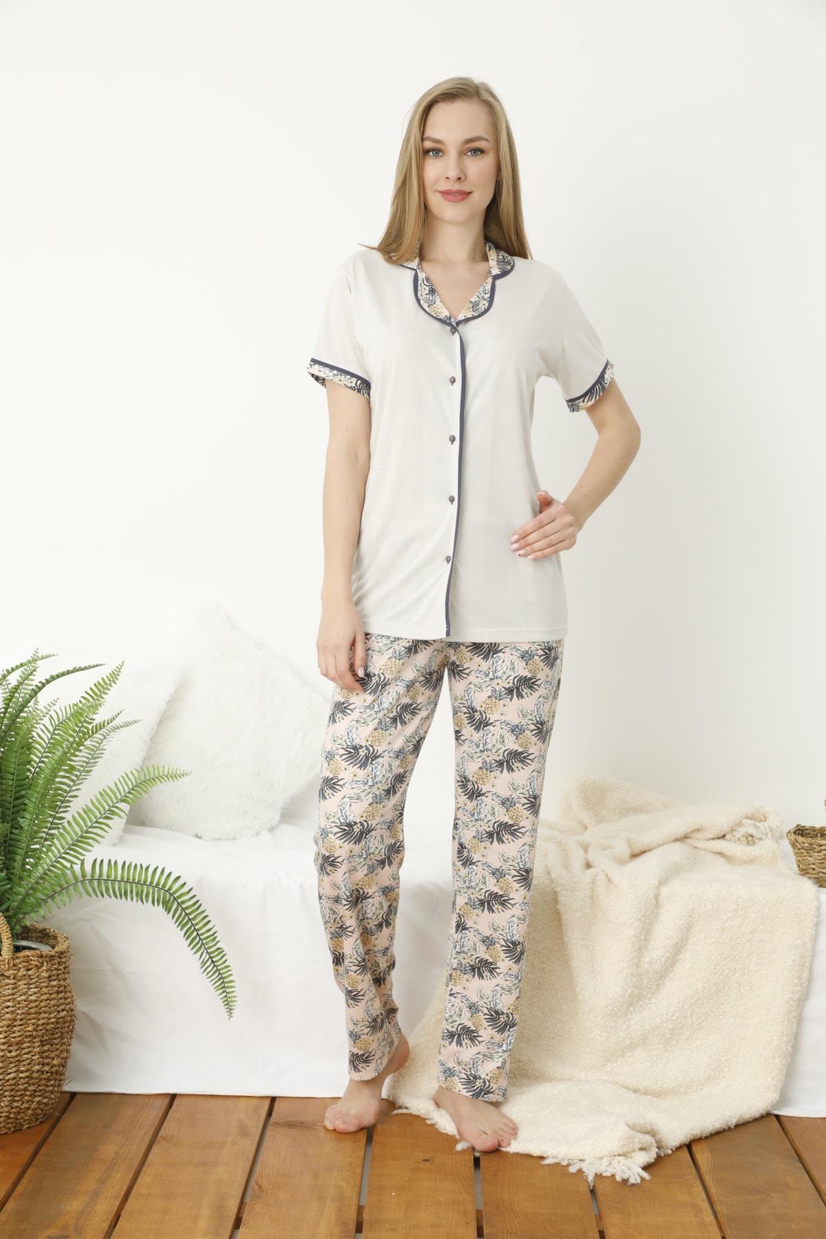 Gri Ananas Desenli Önden Düğmeli Uzun Paça Pantolon Pijama Takımı
