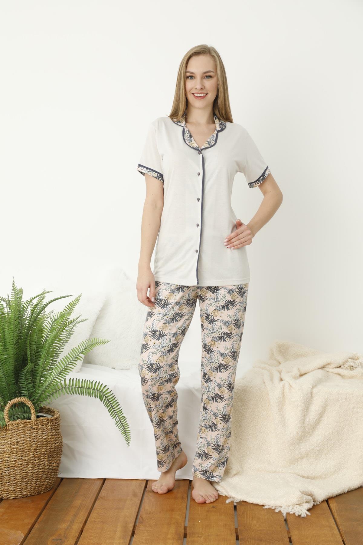 Gri Ananas Desenli Önden Düğmeli Uzun Paça Pantolon Pijama Takımı